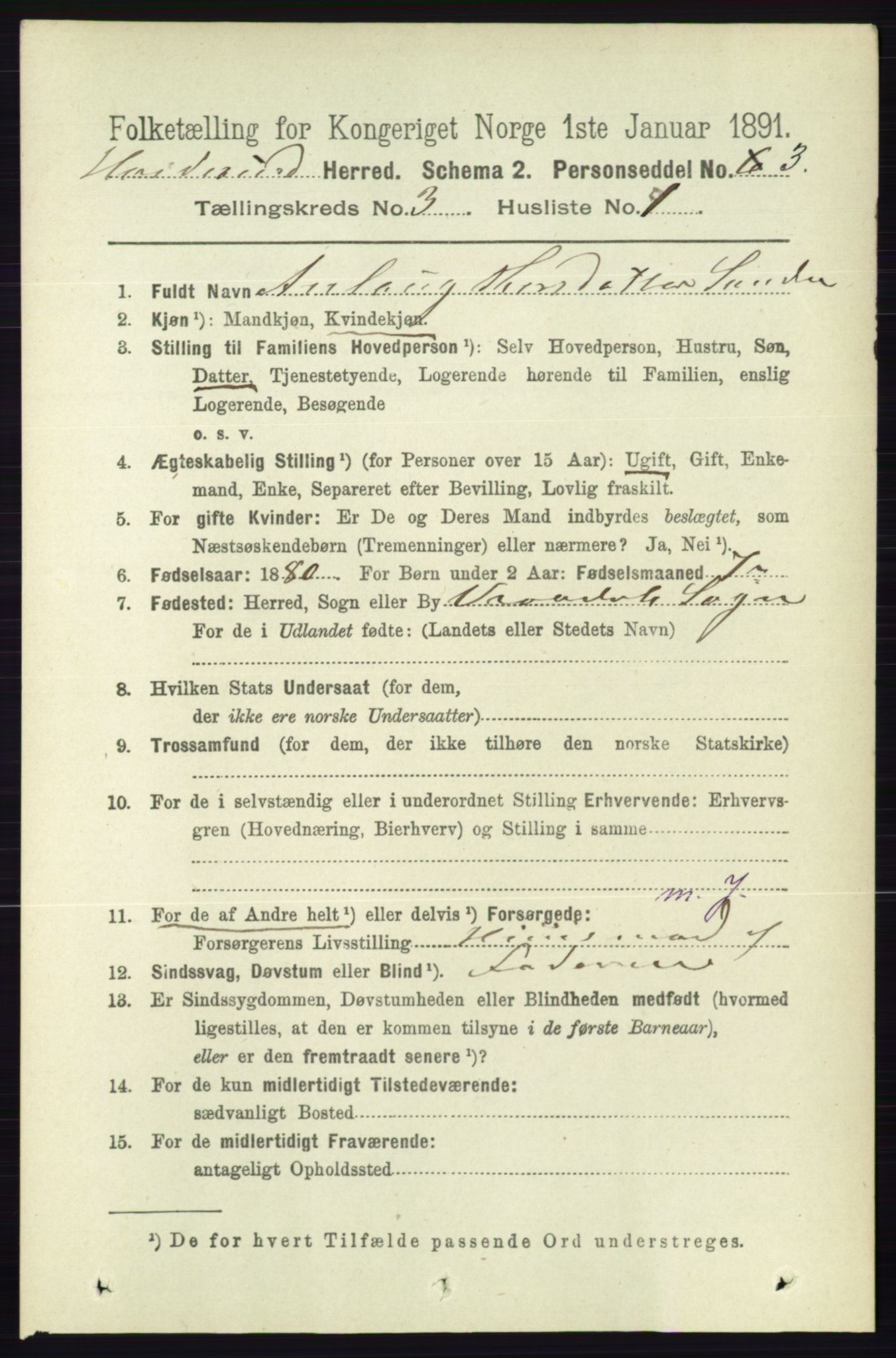 RA, 1891 census for 0829 Kviteseid, 1891, p. 504