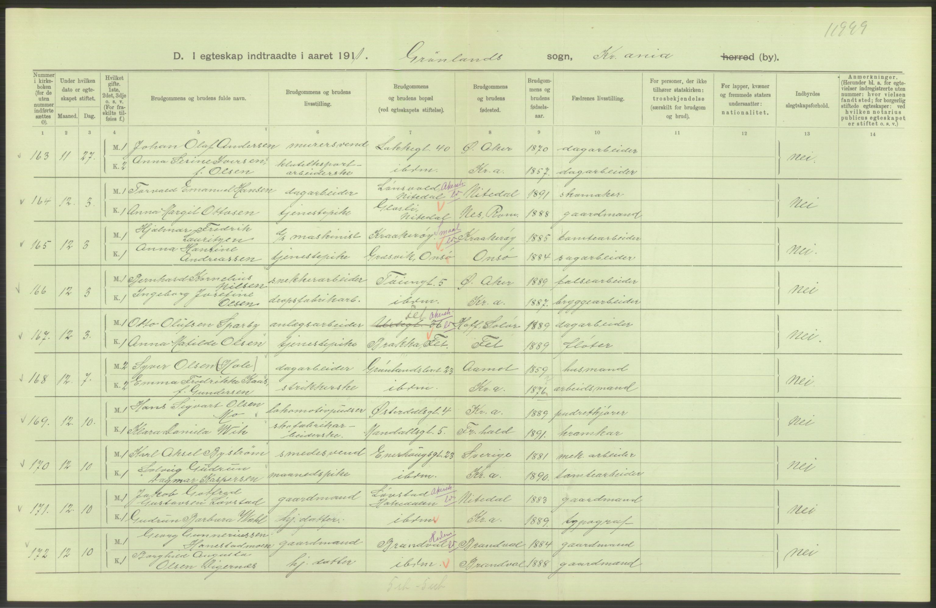 Statistisk sentralbyrå, Sosiodemografiske emner, Befolkning, AV/RA-S-2228/D/Df/Dfb/Dfba/L0008: Kristiania: Gifte, 1911, p. 222