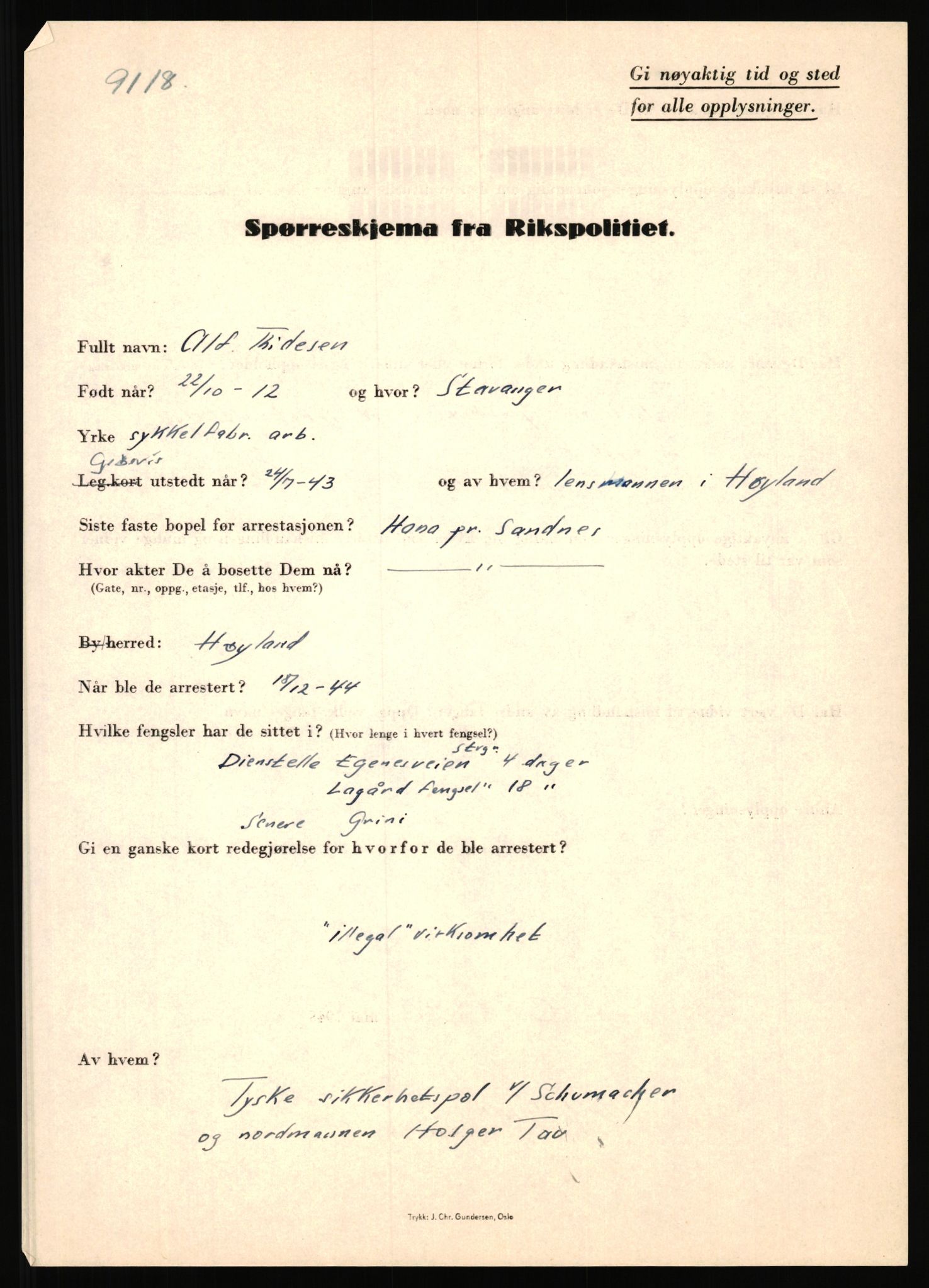 Rikspolitisjefen, AV/RA-S-1560/L/L0017: Tidemann, Hermann G. - Veum, Tjostolv, 1940-1945, p. 3