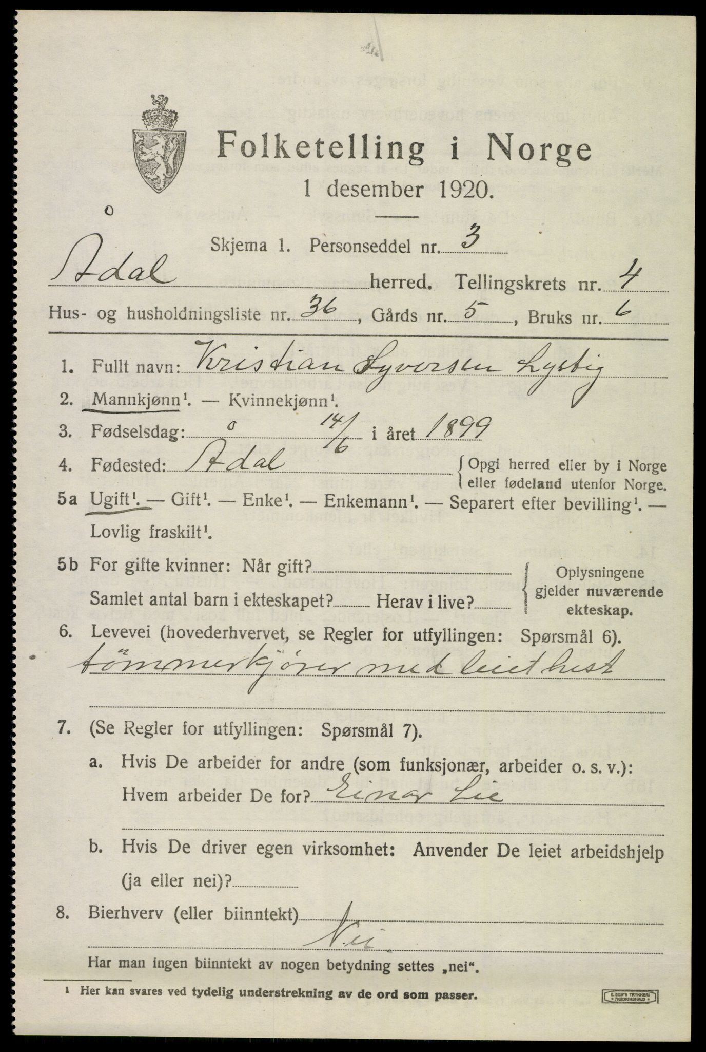 SAKO, 1920 census for Ådal, 1920, p. 4048