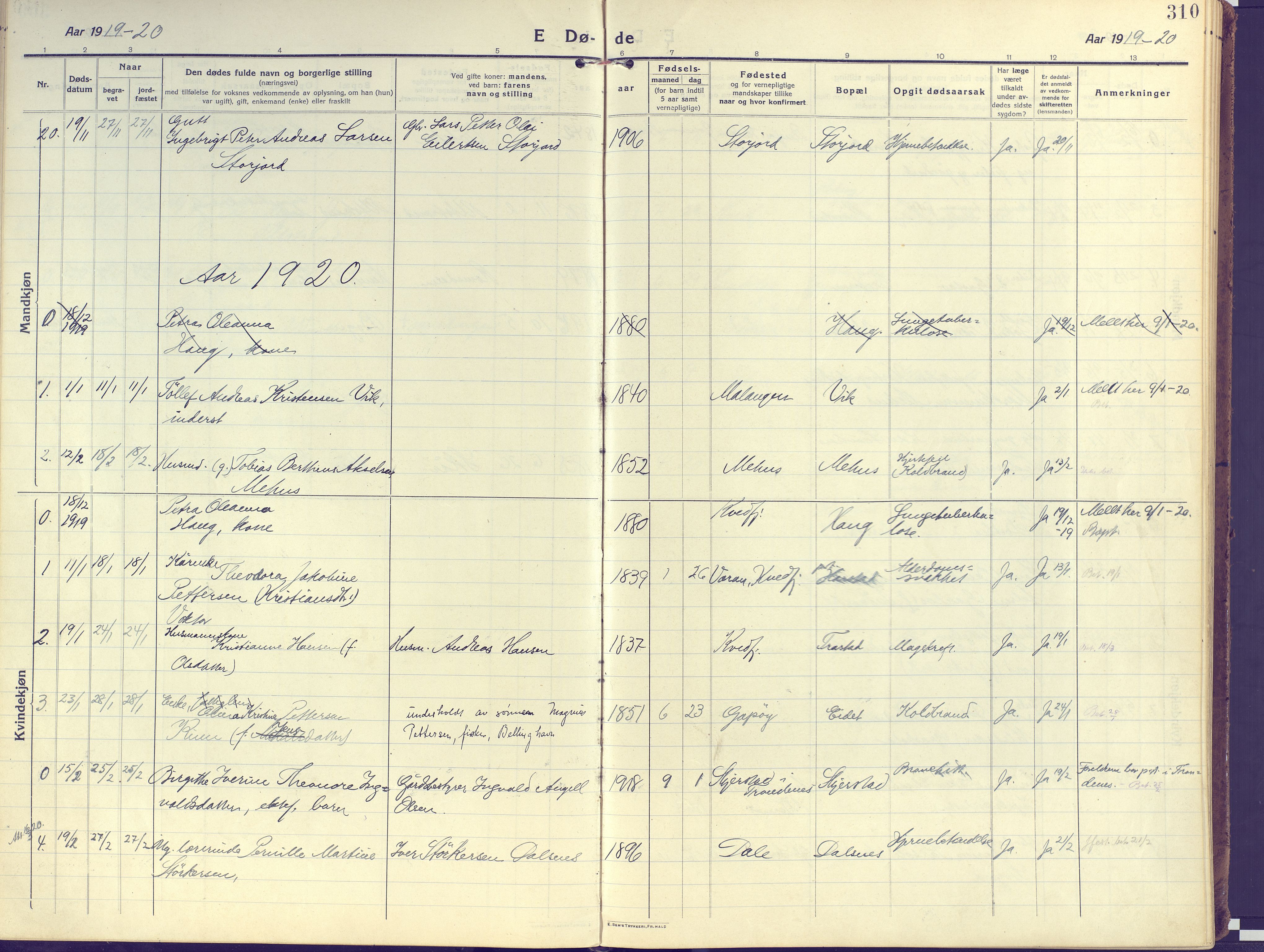 Kvæfjord sokneprestkontor, AV/SATØ-S-1323/G/Ga/Gaa/L0007kirke: Parish register (official) no. 7, 1915-1931, p. 310