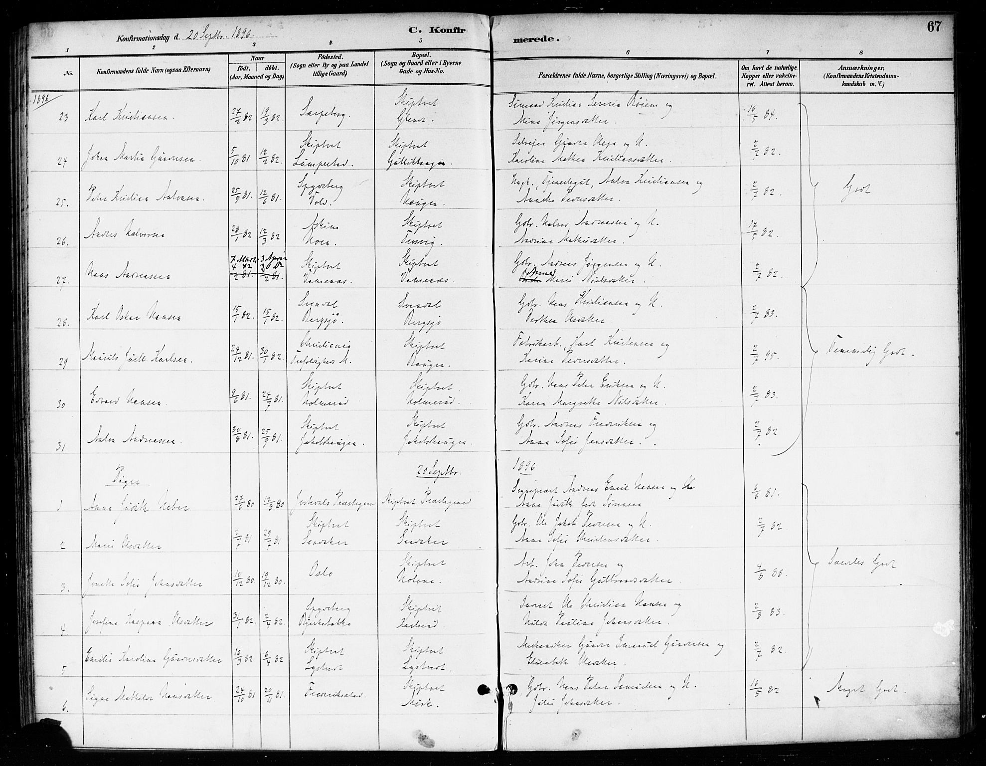 Skiptvet prestekontor Kirkebøker, SAO/A-20009/F/Fa/L0010: Parish register (official) no. 10, 1890-1900, p. 67