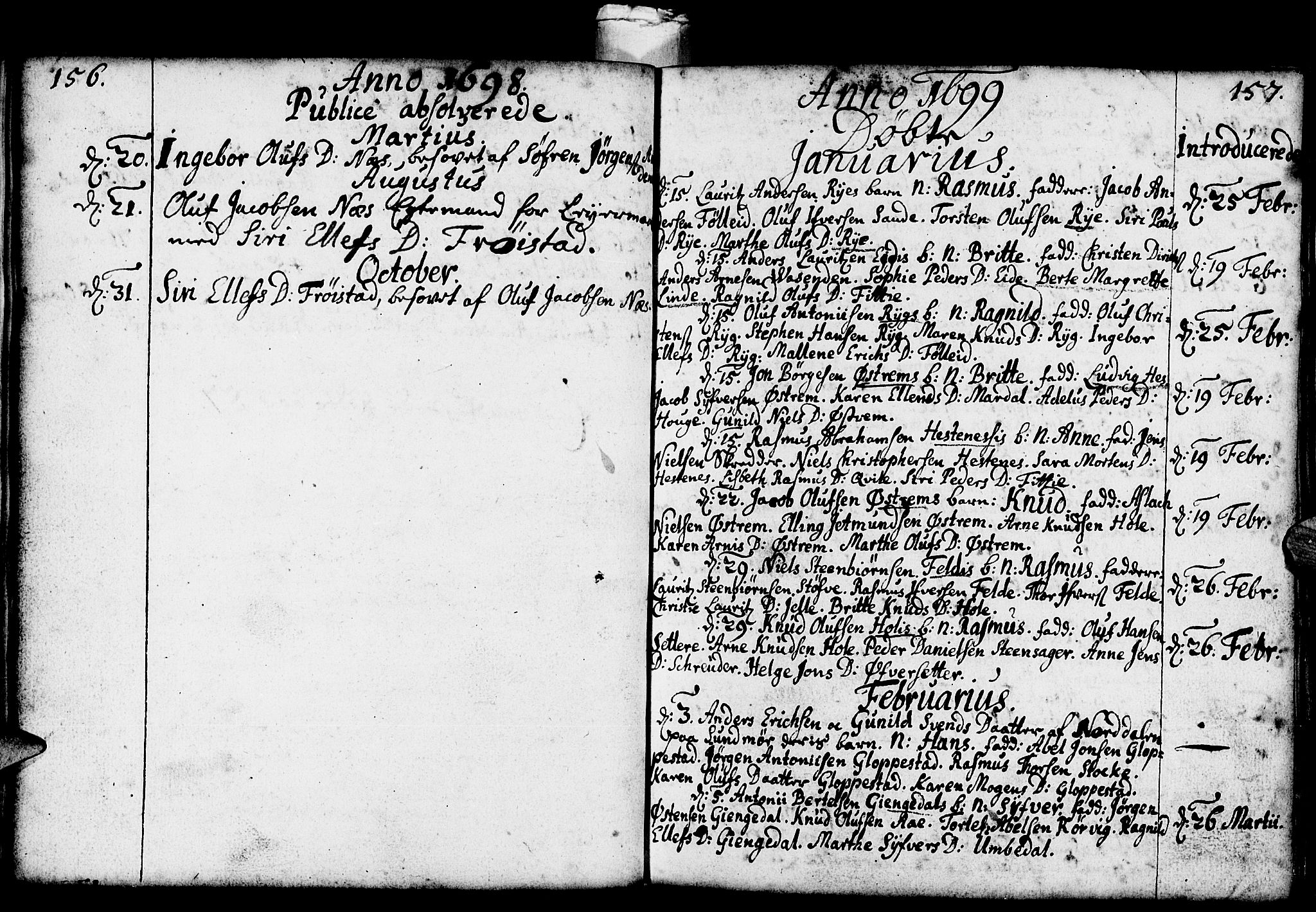 Gloppen sokneprestembete, SAB/A-80101/H/Haa/Haaa/L0001: Parish register (official) no. A 1, 1686-1711, p. 156-157