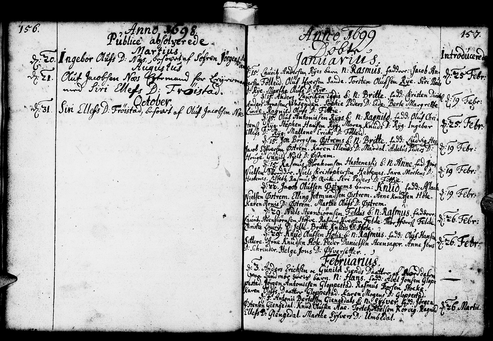 Gloppen sokneprestembete, AV/SAB-A-80101/H/Haa/Haaa/L0001: Parish register (official) no. A 1, 1686-1711, p. 156-157