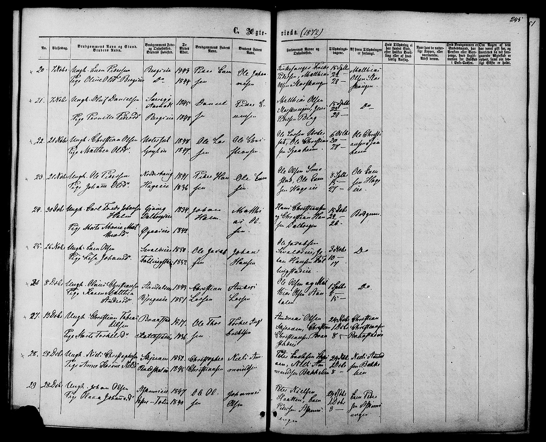 Vardal prestekontor, SAH/PREST-100/H/Ha/Haa/L0007: Parish register (official) no. 7, 1867-1878, p. 245