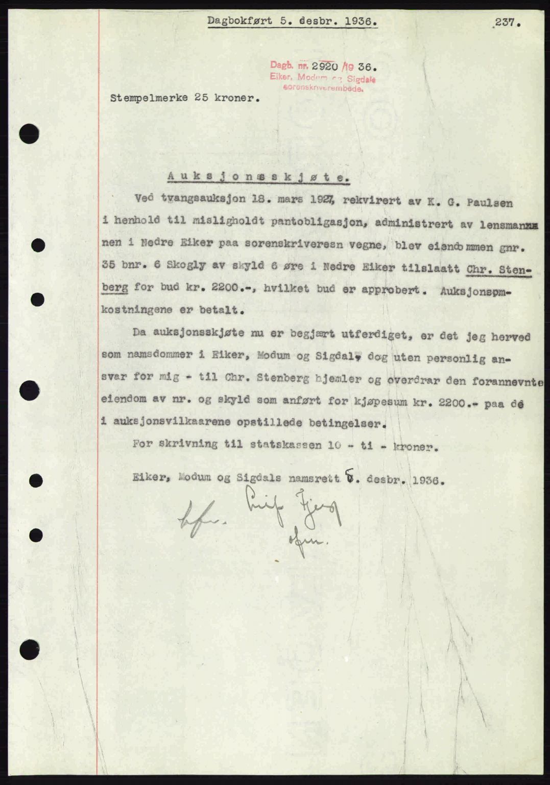 Eiker, Modum og Sigdal sorenskriveri, SAKO/A-123/G/Ga/Gab/L0034: Mortgage book no. A4, 1936-1937, Diary no: : 2920/1936