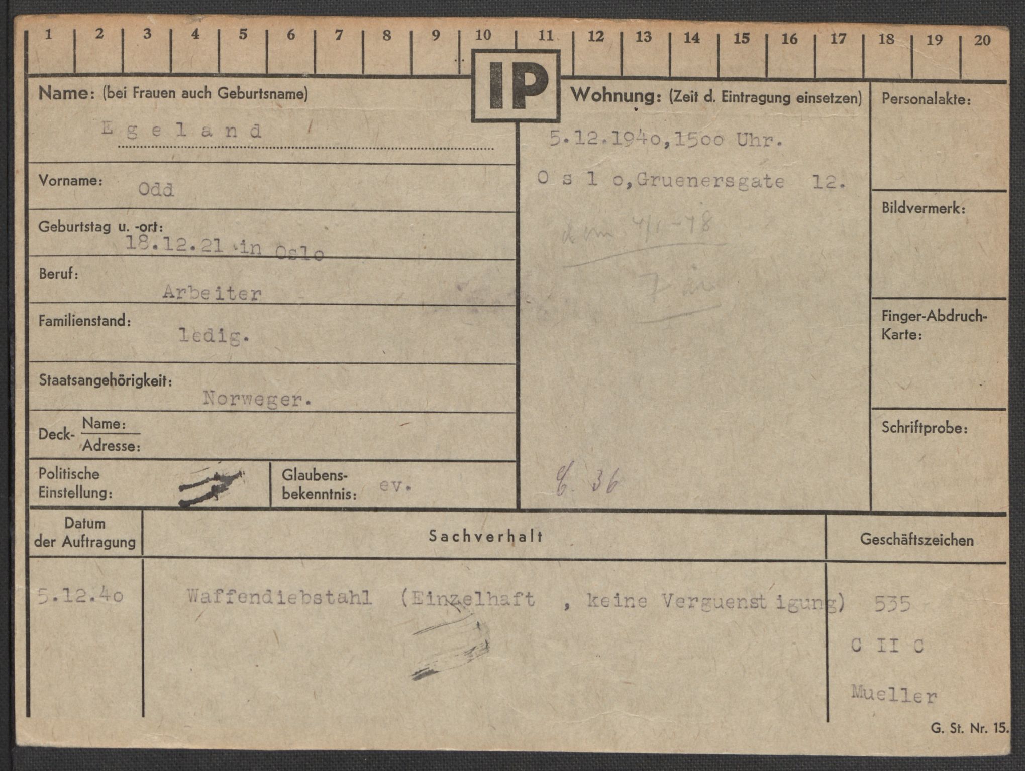 Befehlshaber der Sicherheitspolizei und des SD, AV/RA-RAFA-5969/E/Ea/Eaa/L0002: Register over norske fanger i Møllergata 19: Bj-Eng, 1940-1945, p. 1199