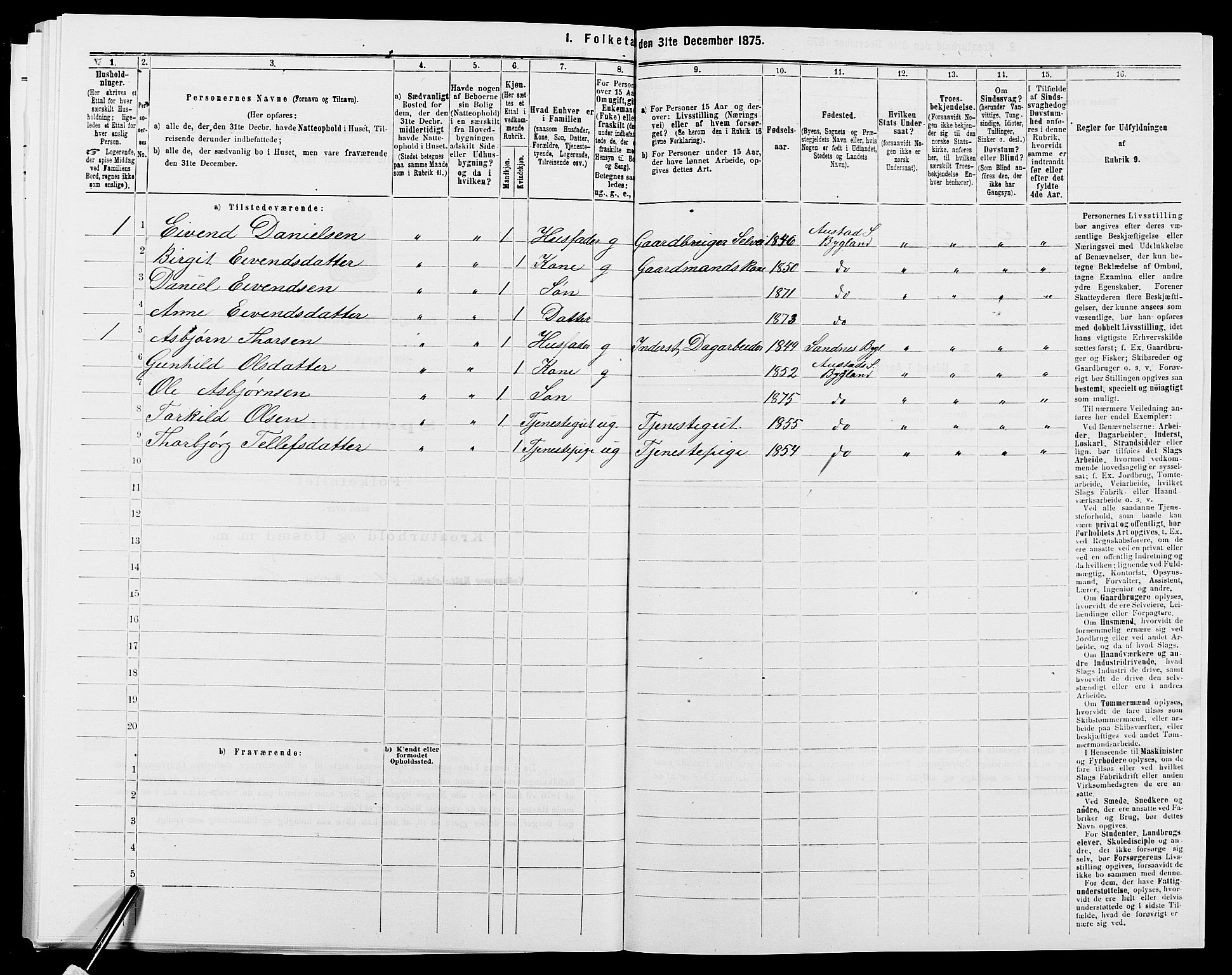 SAK, 1875 census for 0938P Bygland, 1875, p. 229