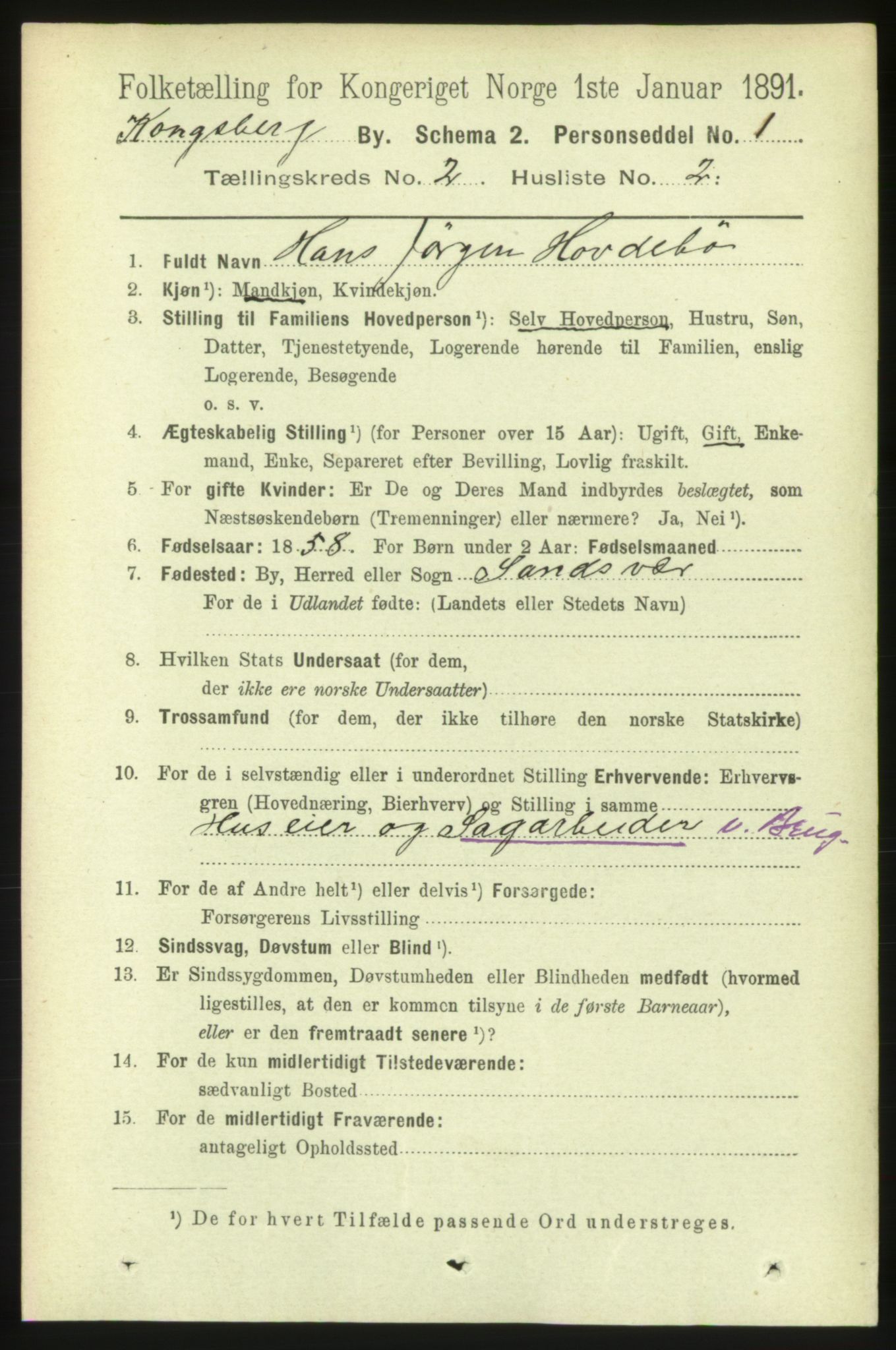 RA, 1891 census for 0604 Kongsberg, 1891, p. 2227