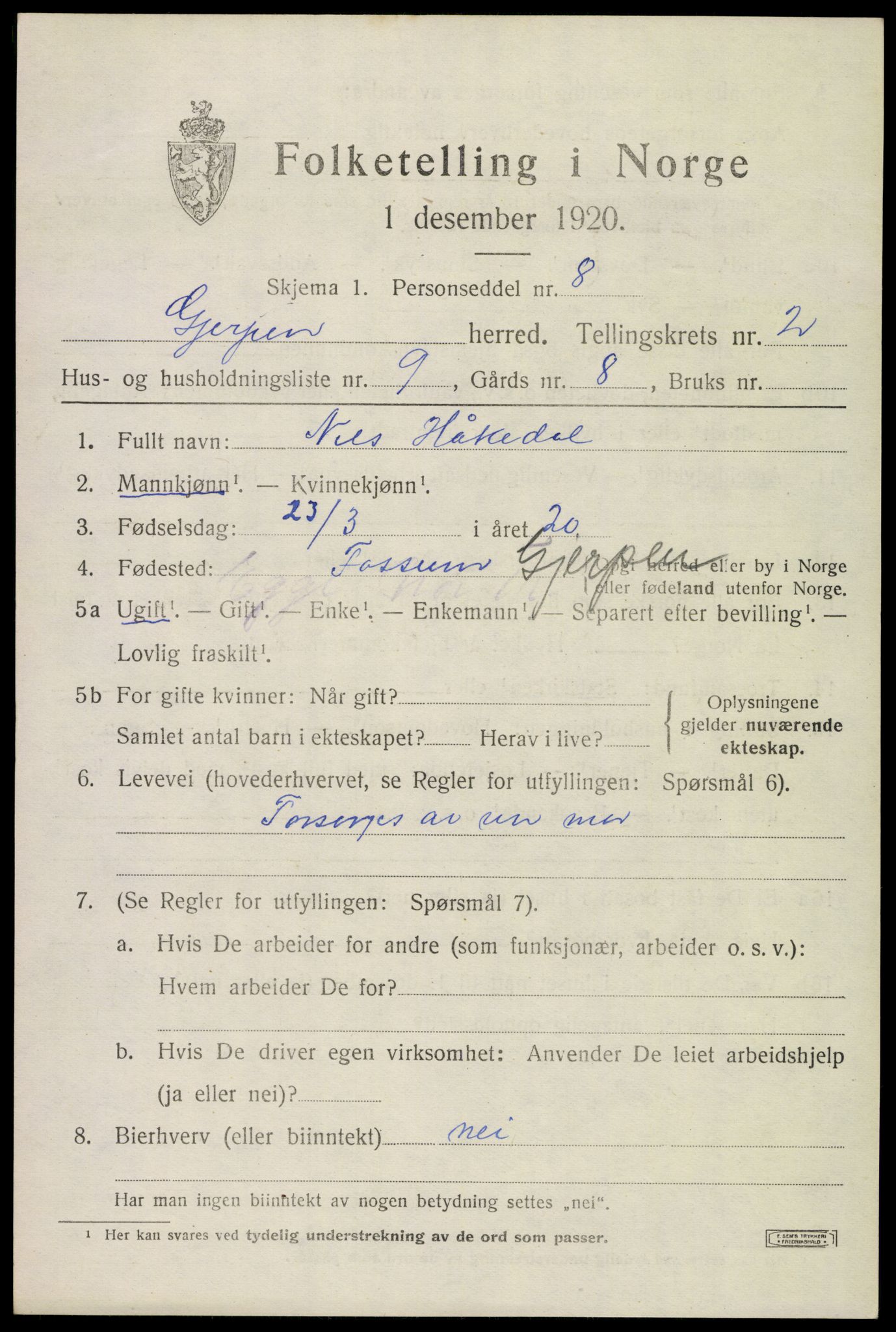 SAKO, 1920 census for Gjerpen, 1920, p. 4202