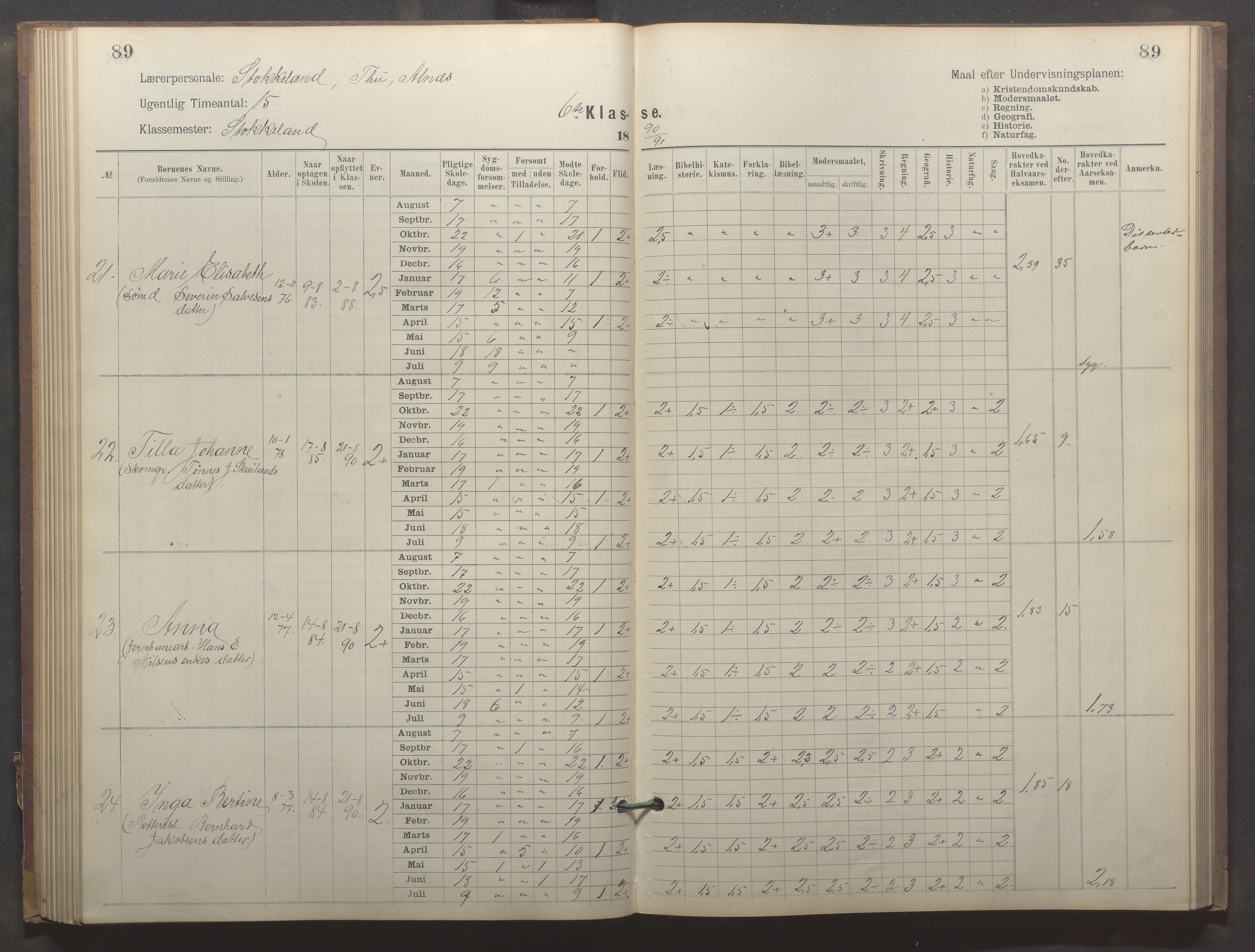 Egersund kommune (Ladested) - Egersund almueskole/folkeskole, IKAR/K-100521/H/L0023: Skoleprotokoll - Almueskolen, 6. klasse, 1886-1892, p. 89