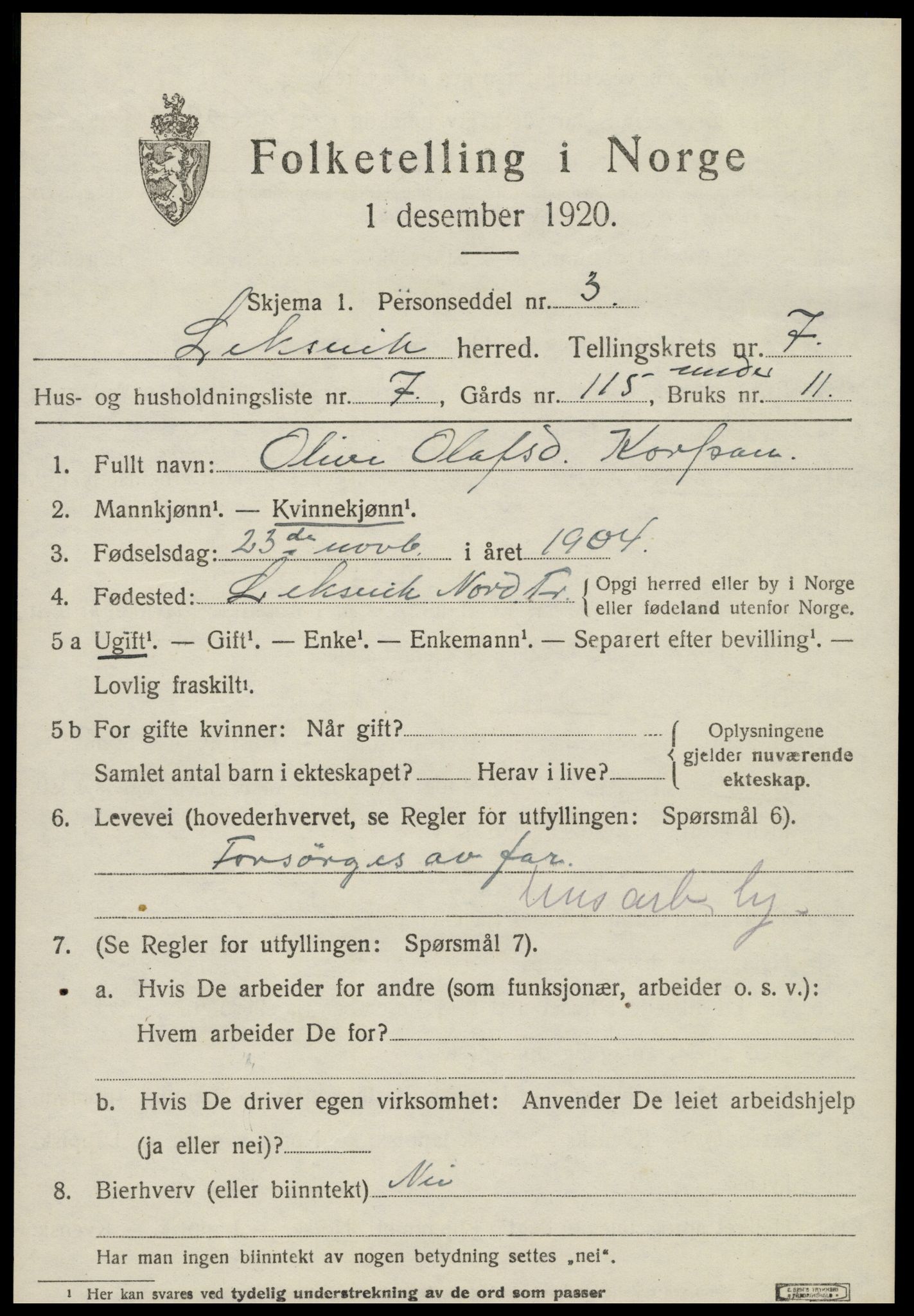 SAT, 1920 census for Leksvik, 1920, p. 6126