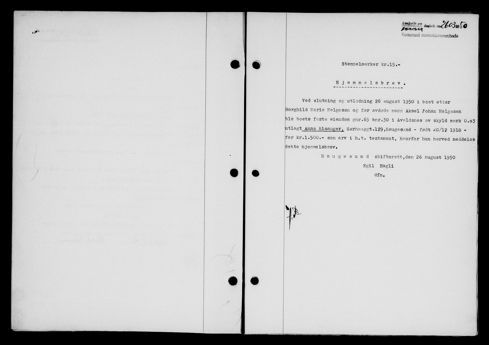 Karmsund sorenskriveri, SAST/A-100311/01/II/IIB/L0101: Mortgage book no. 81A, 1950-1951, Diary no: : 2603/1950