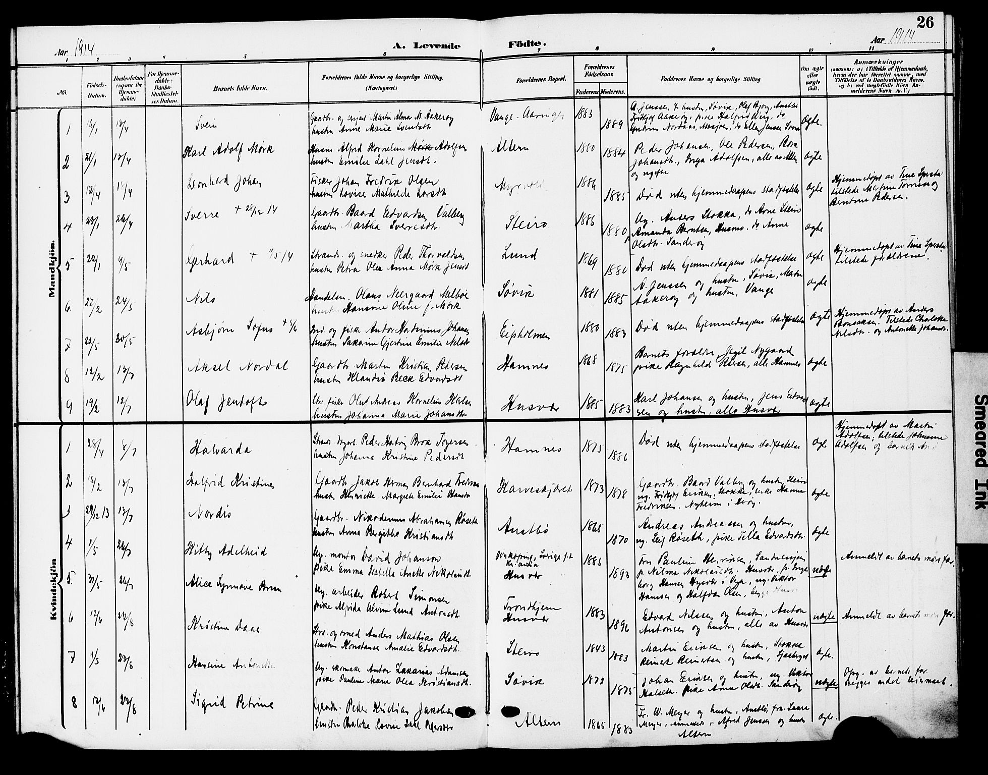 Ministerialprotokoller, klokkerbøker og fødselsregistre - Nordland, AV/SAT-A-1459/830/L0464: Parish register (copy) no. 830C06, 1906-1925, p. 26