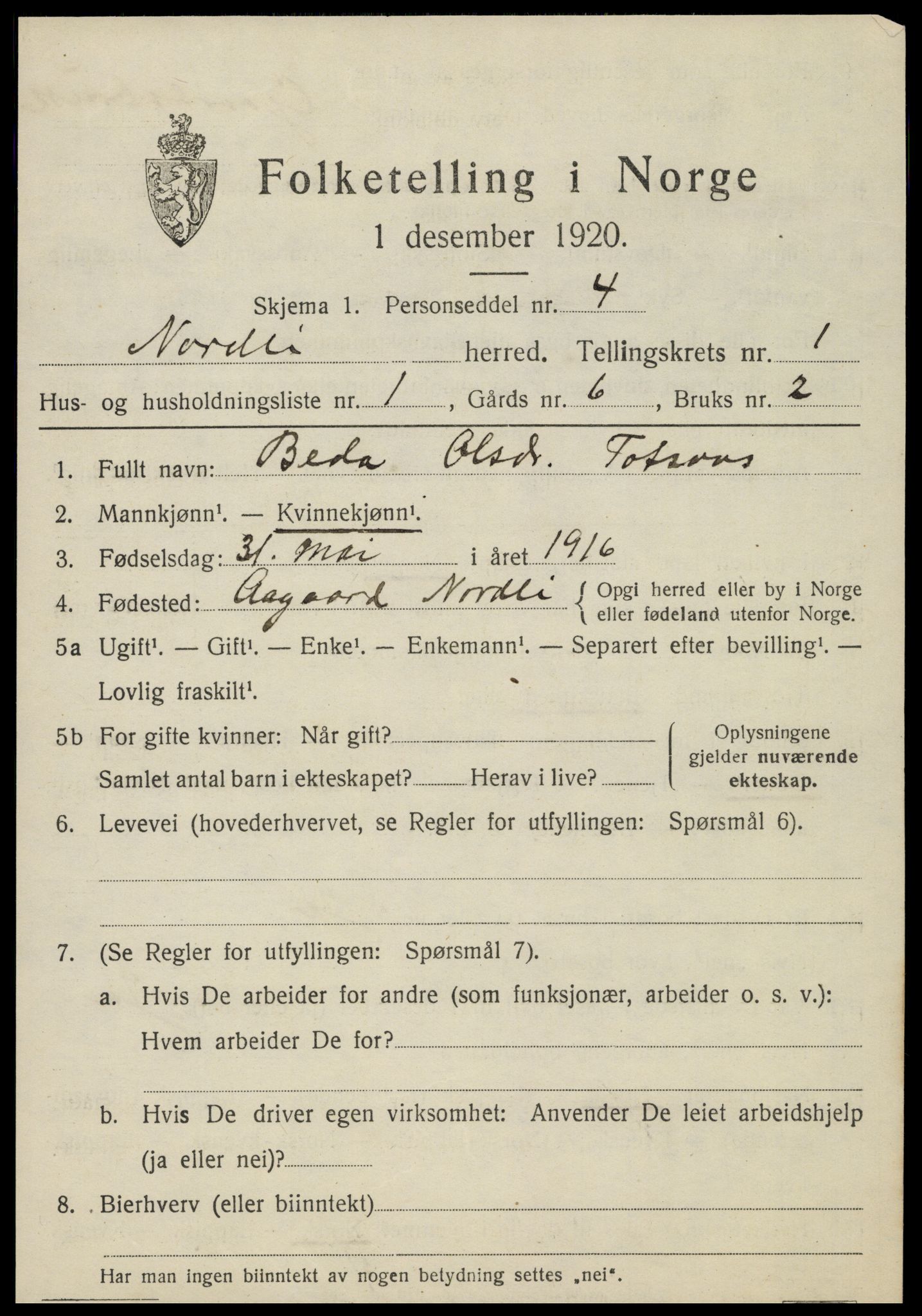 SAT, 1920 census for Nordli, 1920, p. 361