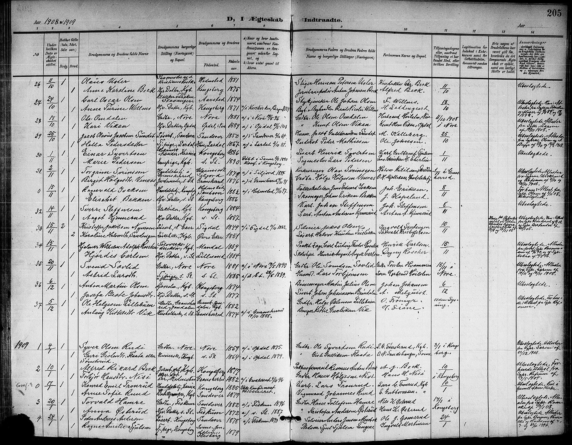 Kongsberg kirkebøker, AV/SAKO-A-22/G/Ga/L0007: Parish register (copy) no. 7, 1901-1915, p. 205