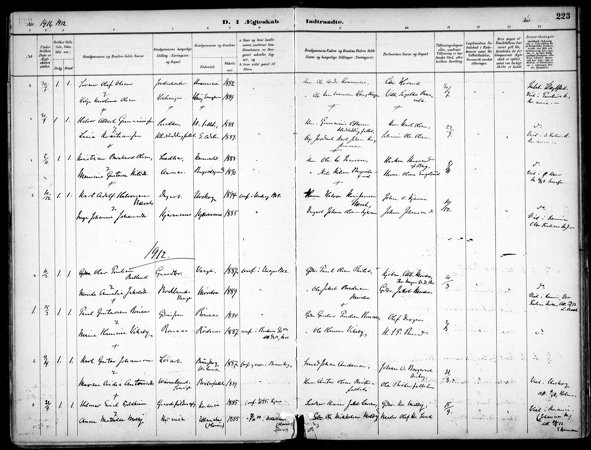 Nes prestekontor Kirkebøker, AV/SAO-A-10410/F/Fc/L0002: Parish register (official) no. IIi 2, 1882-1916, p. 223