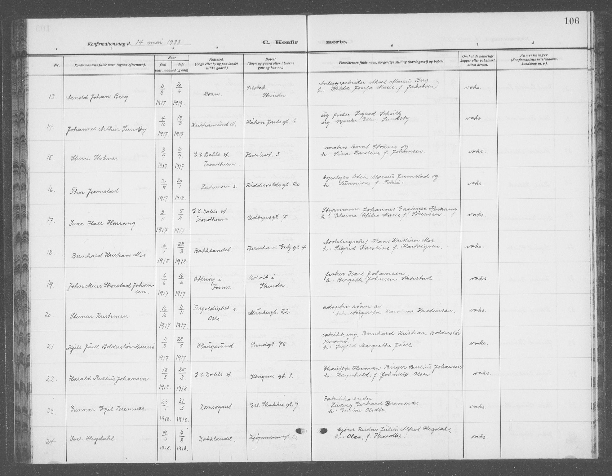 Ministerialprotokoller, klokkerbøker og fødselsregistre - Sør-Trøndelag, SAT/A-1456/601/L0099: Parish register (copy) no. 601C17, 1928-1941, p. 106