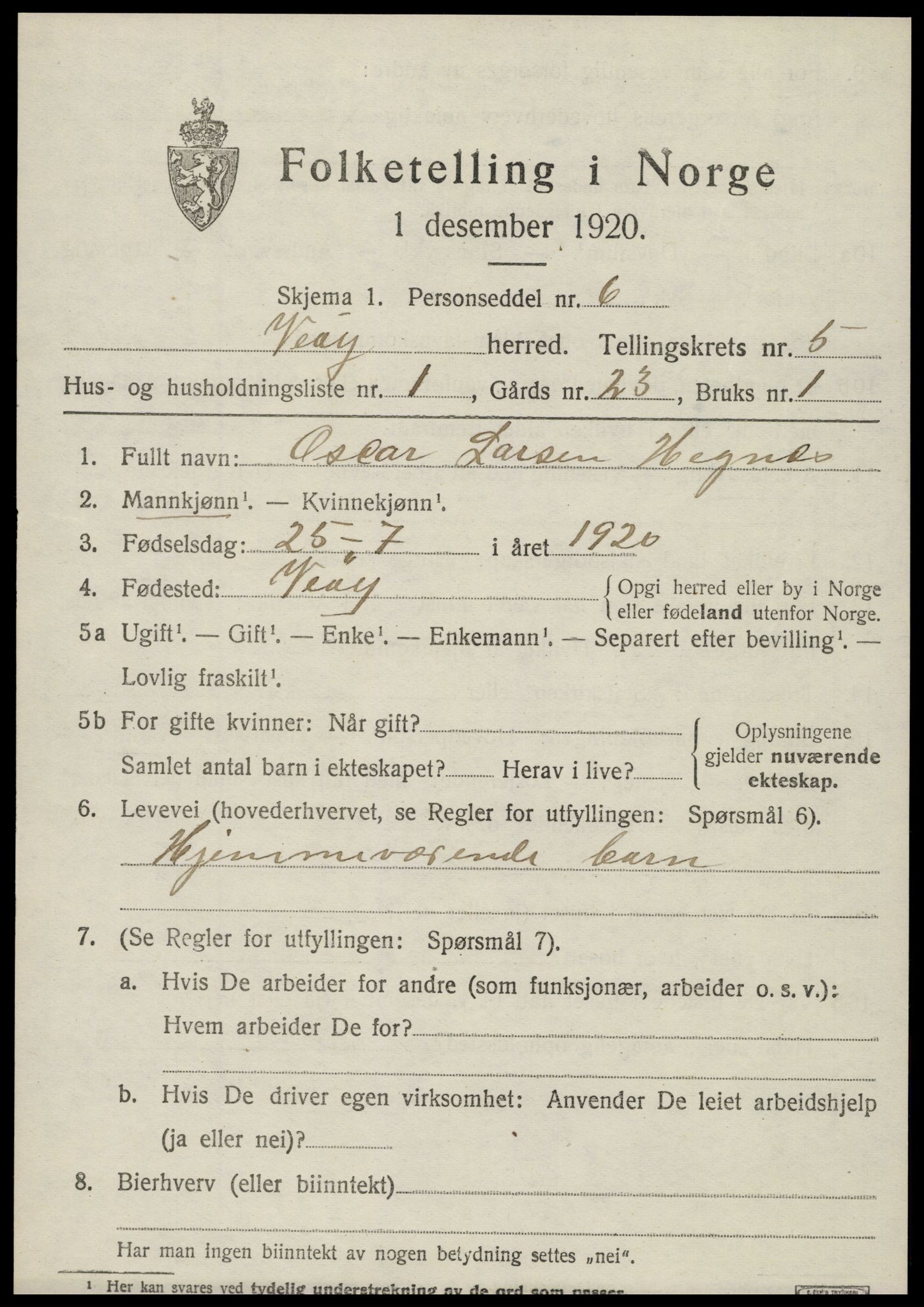 SAT, 1920 census for Veøy, 1920, p. 2333