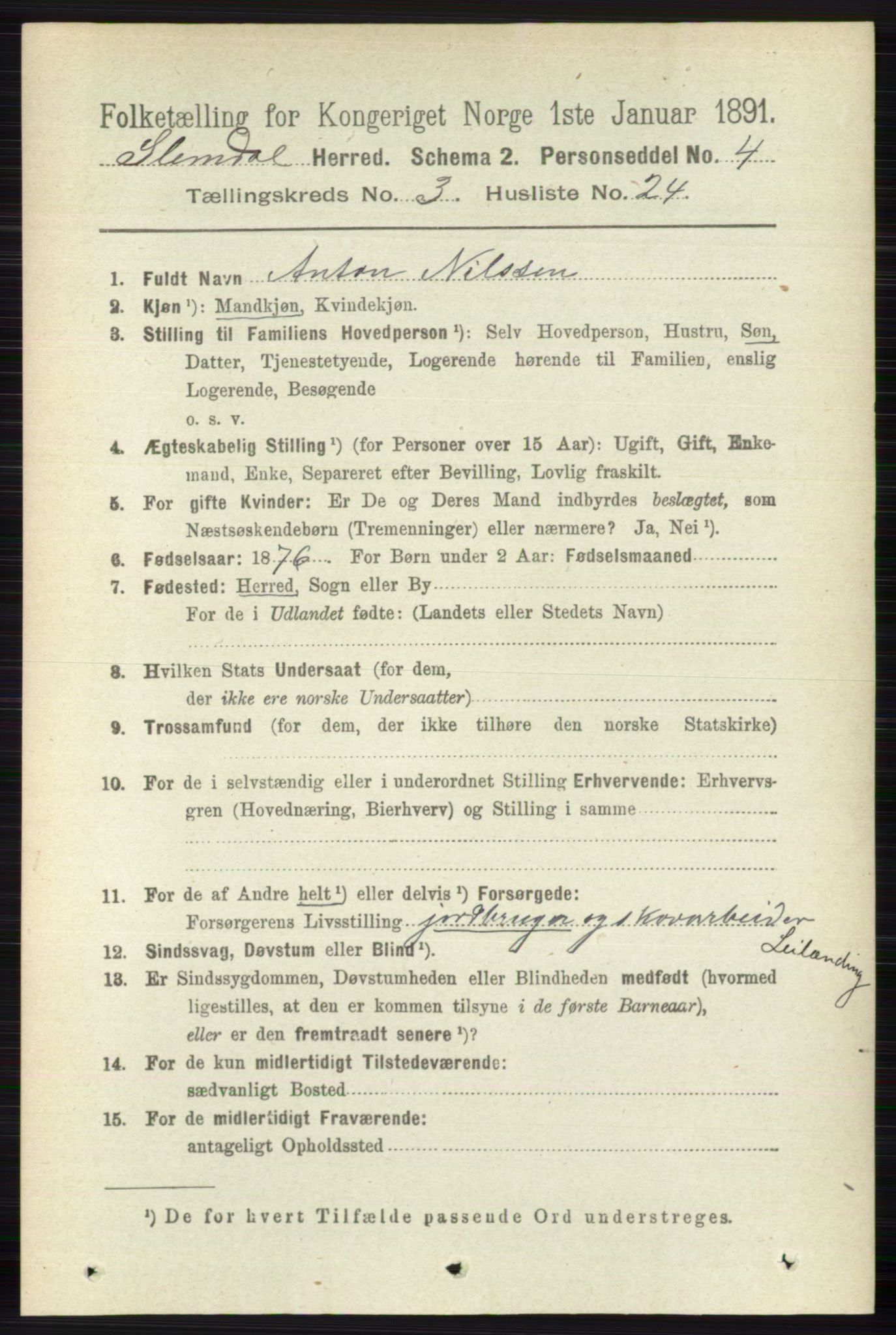 RA, 1891 census for 0811 Slemdal, 1891, p. 908