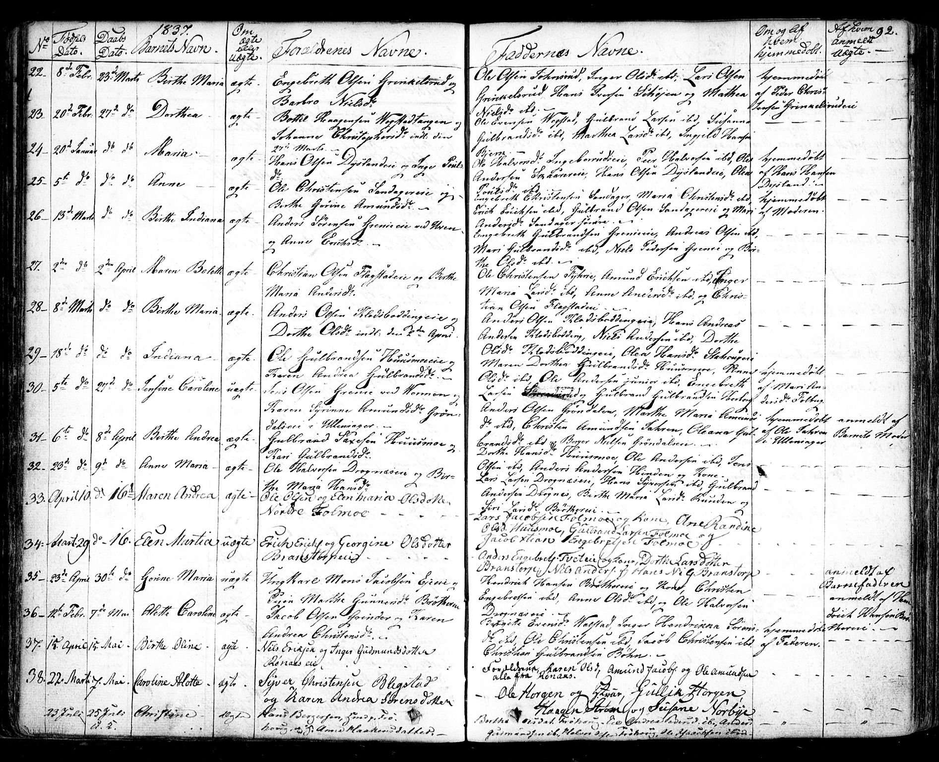 Nes prestekontor Kirkebøker, AV/SAO-A-10410/F/Fa/L0006: Parish register (official) no. I 6, 1833-1845, p. 92