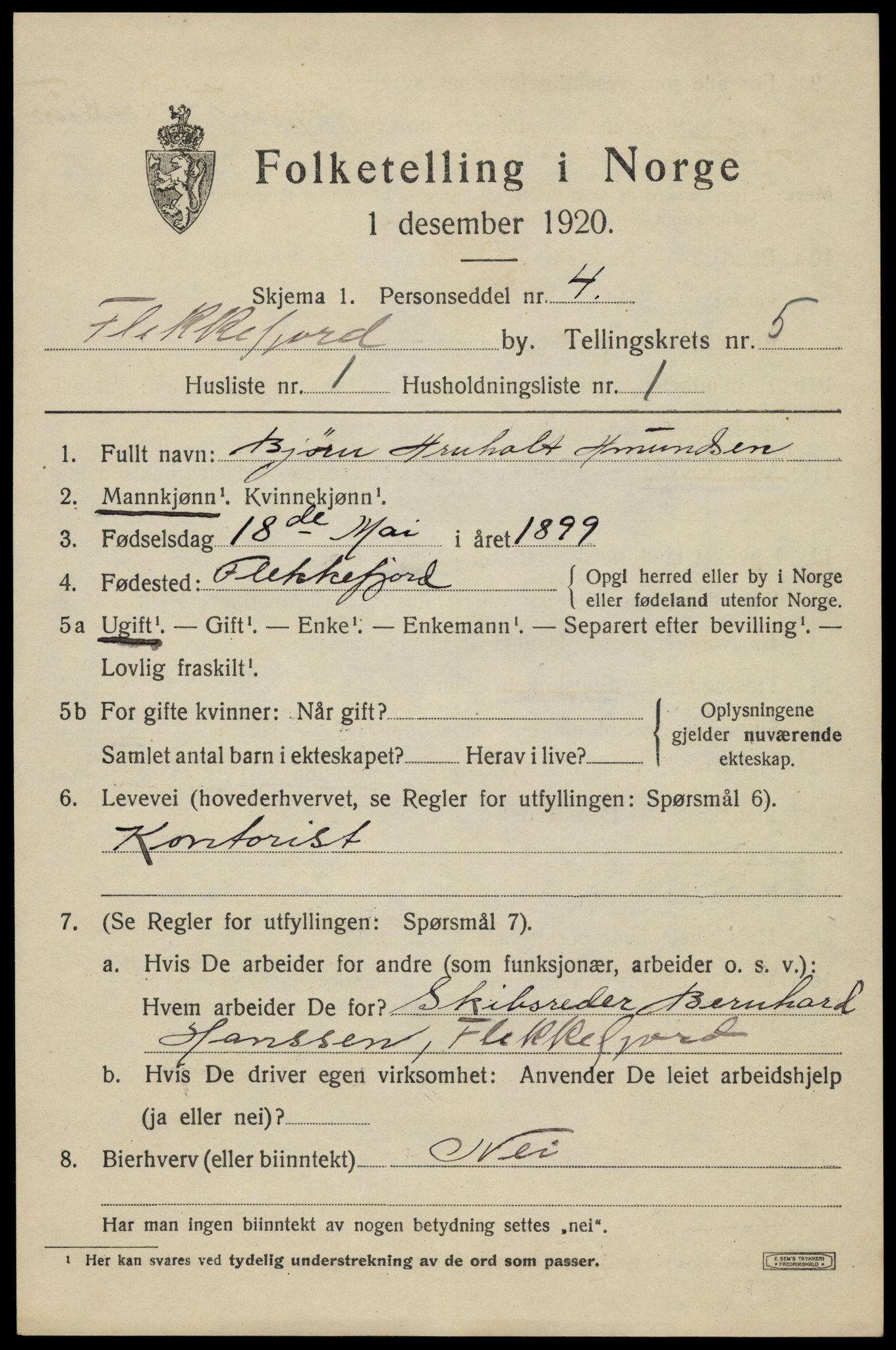 SAK, 1920 census for Flekkefjord, 1920, p. 5142