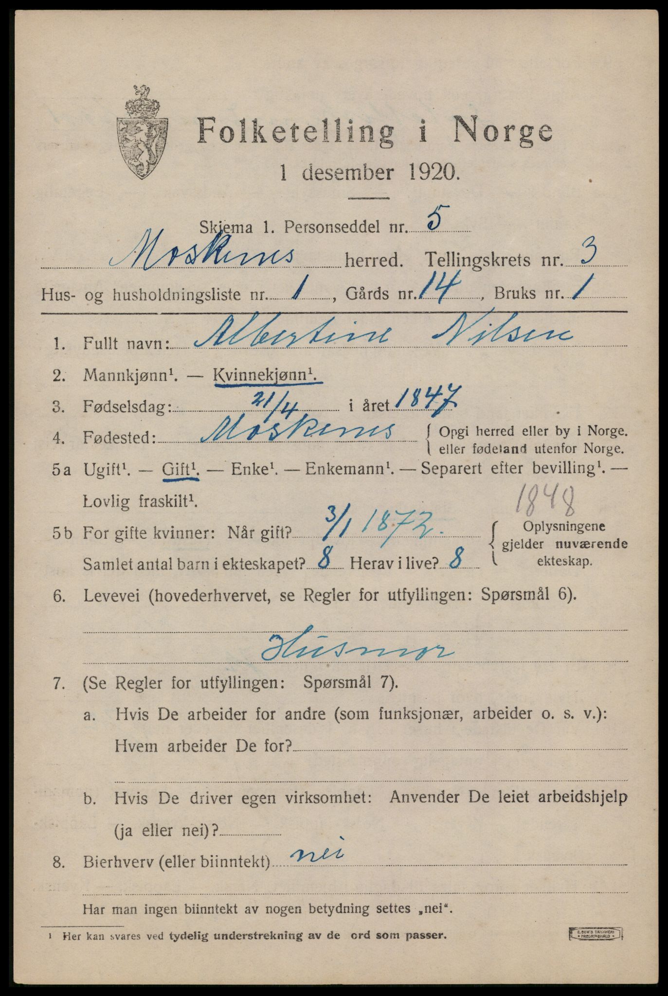 SAT, 1920 census for Moskenes, 1920, p. 1746