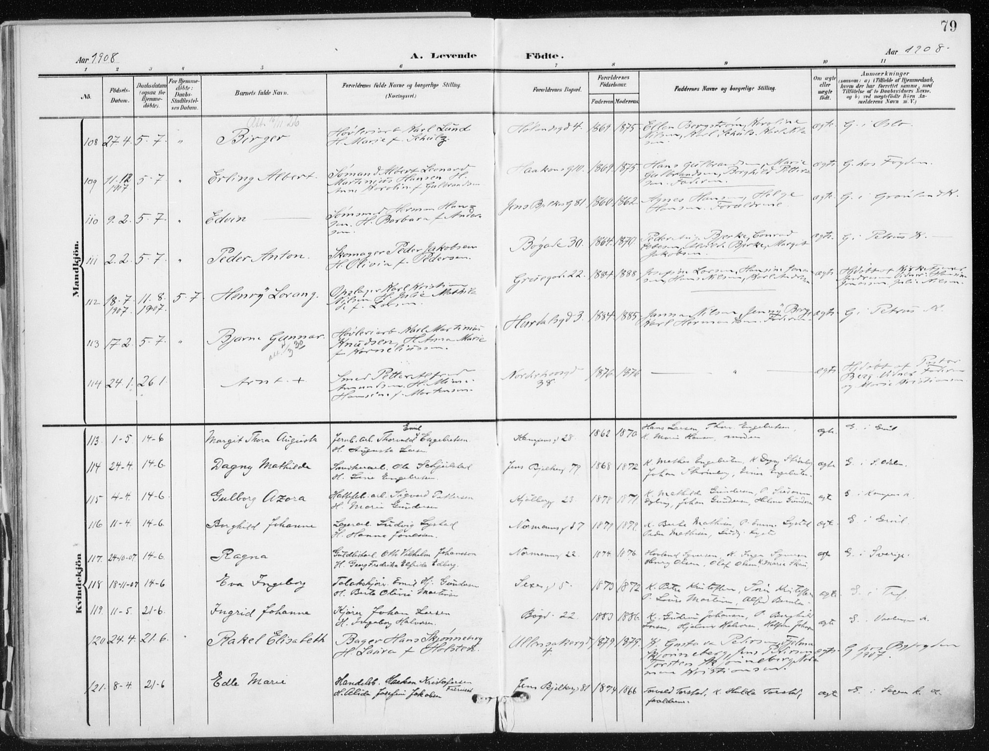 Kampen prestekontor Kirkebøker, SAO/A-10853/F/Fa/L0010: Parish register (official) no. I 10, 1905-1917, p. 79