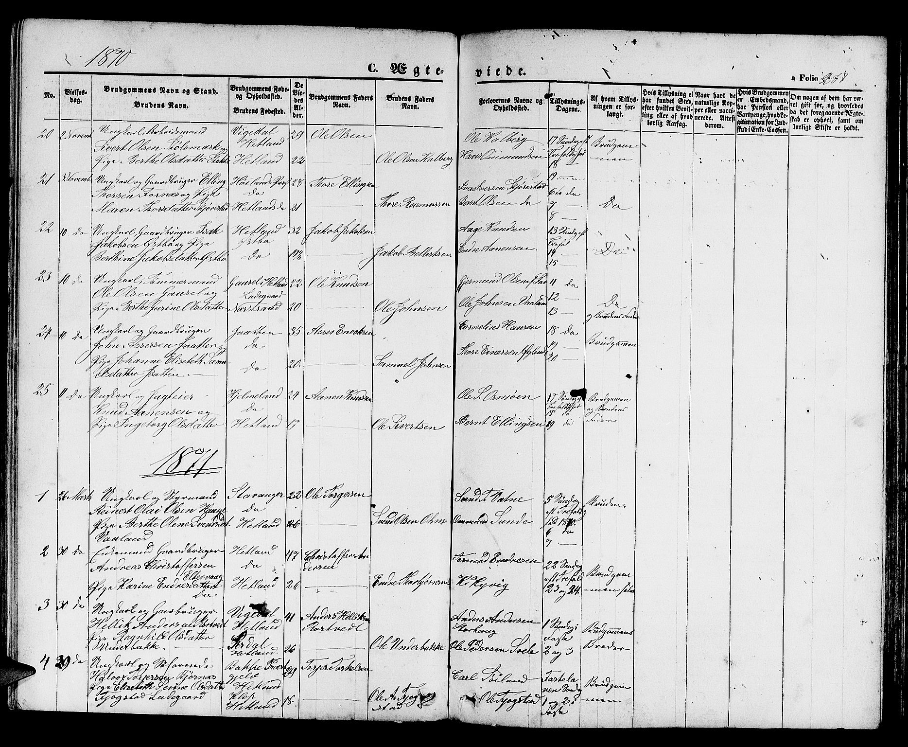Hetland sokneprestkontor, SAST/A-101826/30/30BB/L0003: Parish register (copy) no. B 3, 1863-1877, p. 287