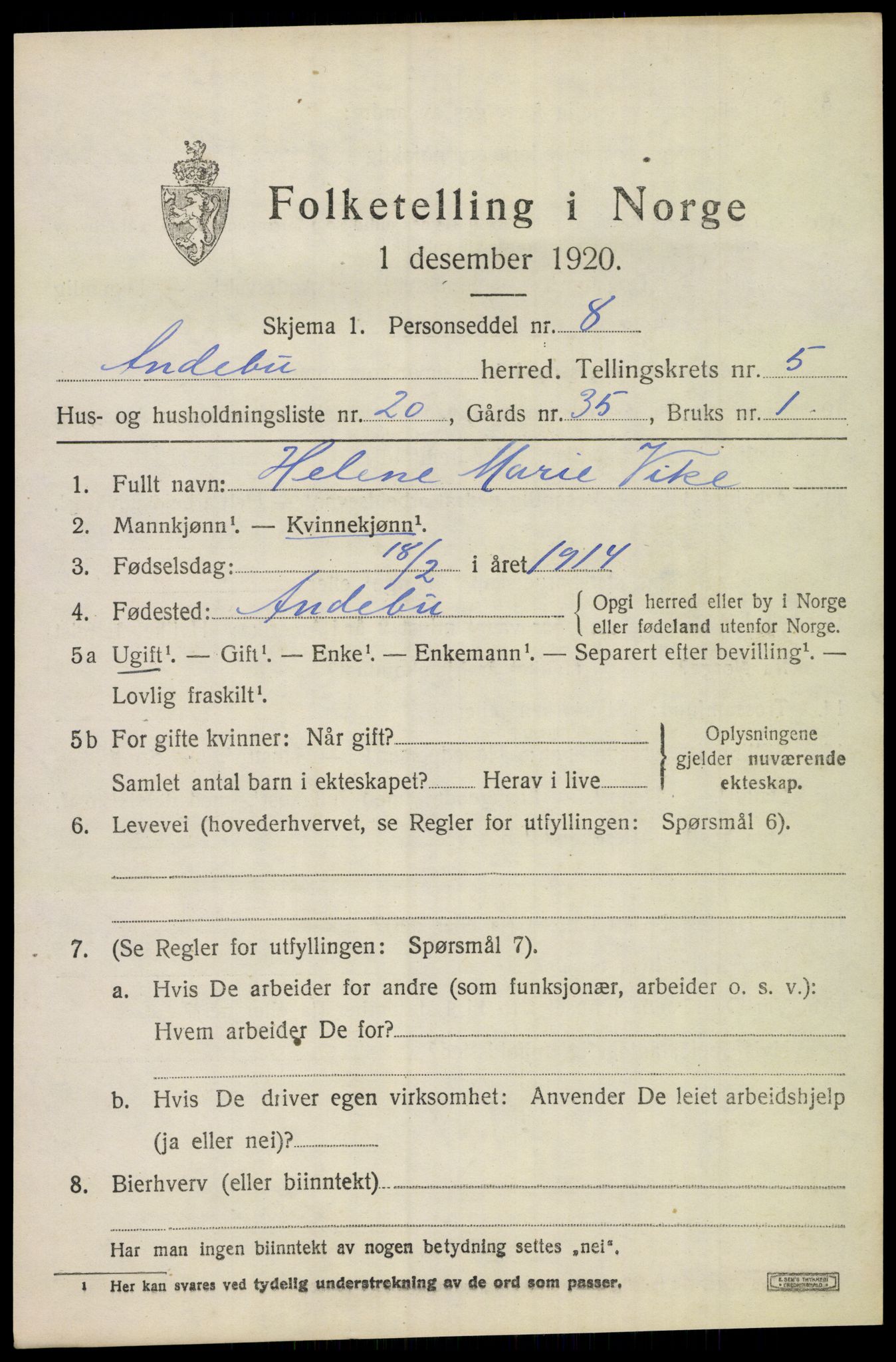 SAKO, 1920 census for Andebu, 1920, p. 2844