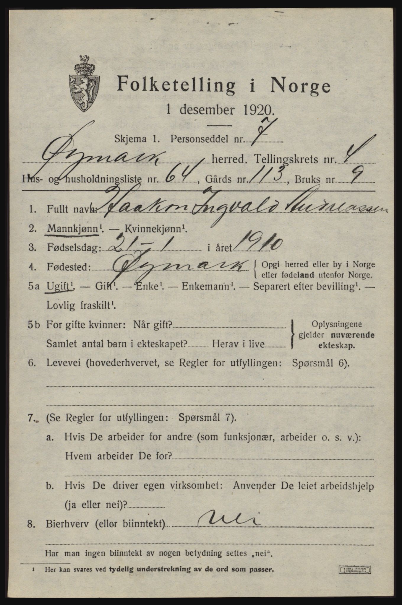 SAO, 1920 census for Øymark, 1920, p. 3723