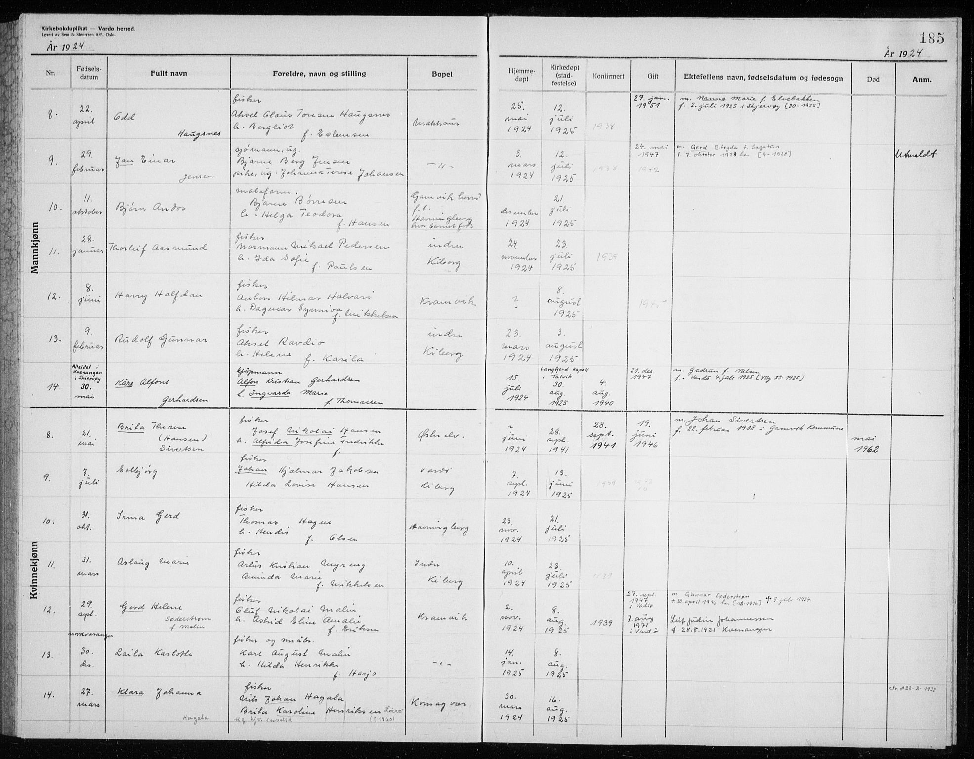 Vardø sokneprestkontor, SATØ/S-1332/H/Hc/L0006kirkerekon: Other parish register no. 6, 1900-1925, p. 185