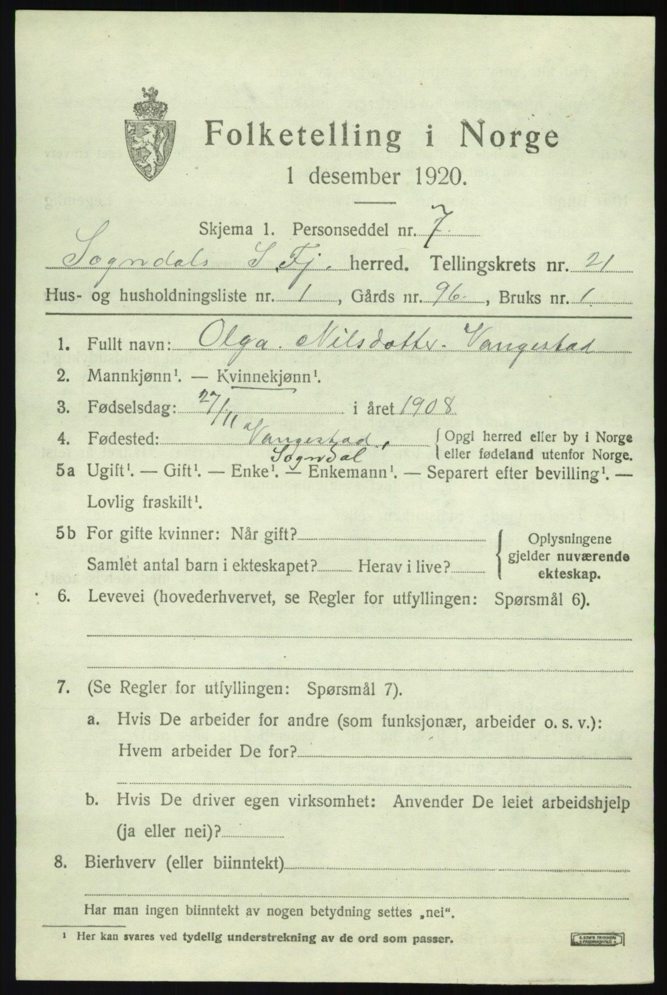 SAB, 1920 census for Sogndal, 1920, p. 7713