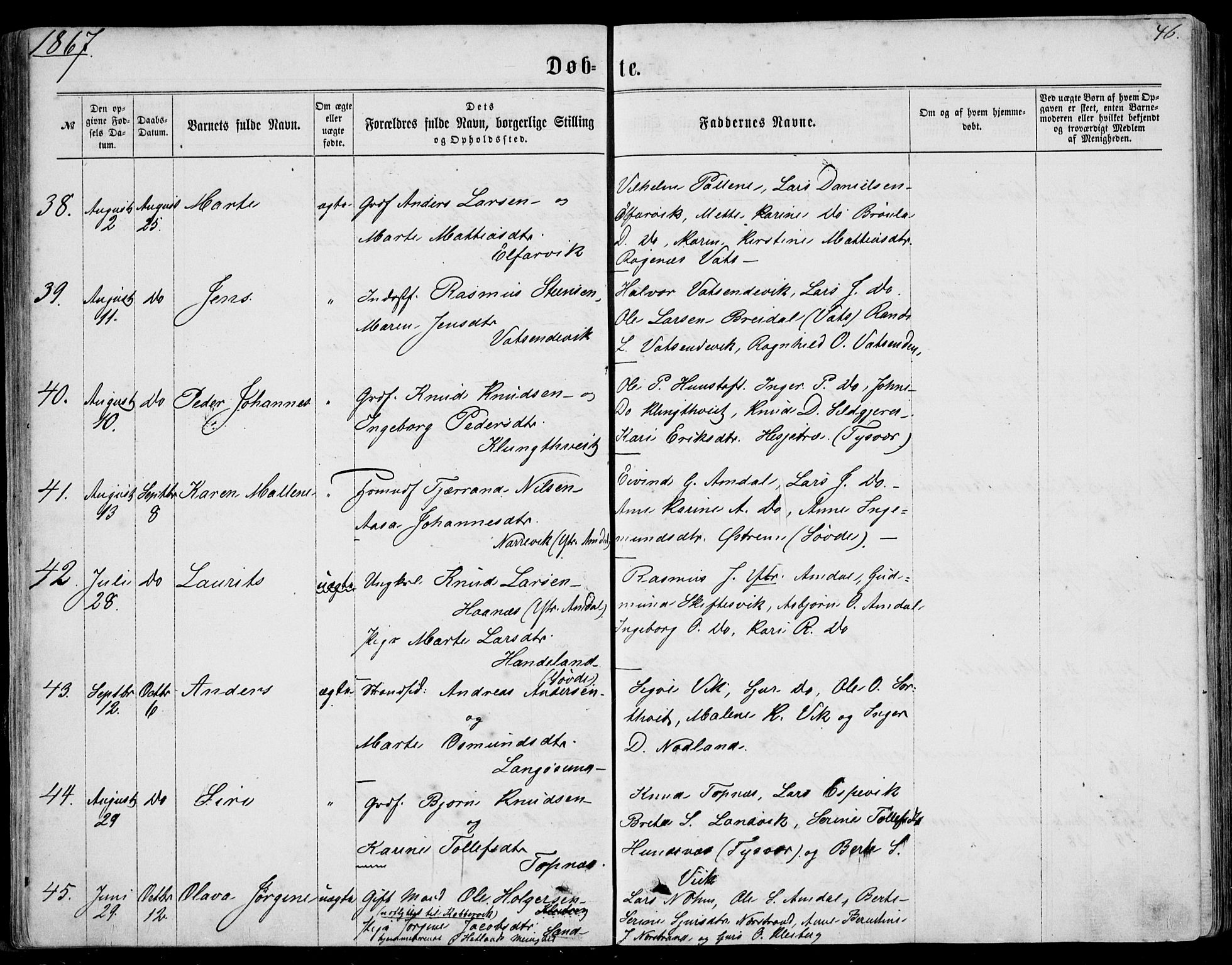 Nedstrand sokneprestkontor, SAST/A-101841/01/IV: Parish register (official) no. A 9, 1861-1876, p. 46