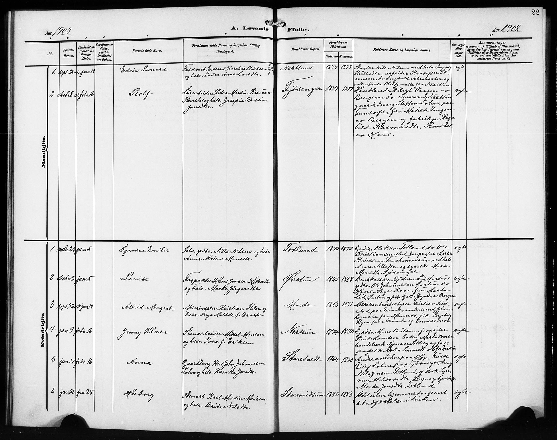 Birkeland Sokneprestembete, AV/SAB-A-74601/H/Hab: Parish register (copy) no. A 6, 1906-1915, p. 22