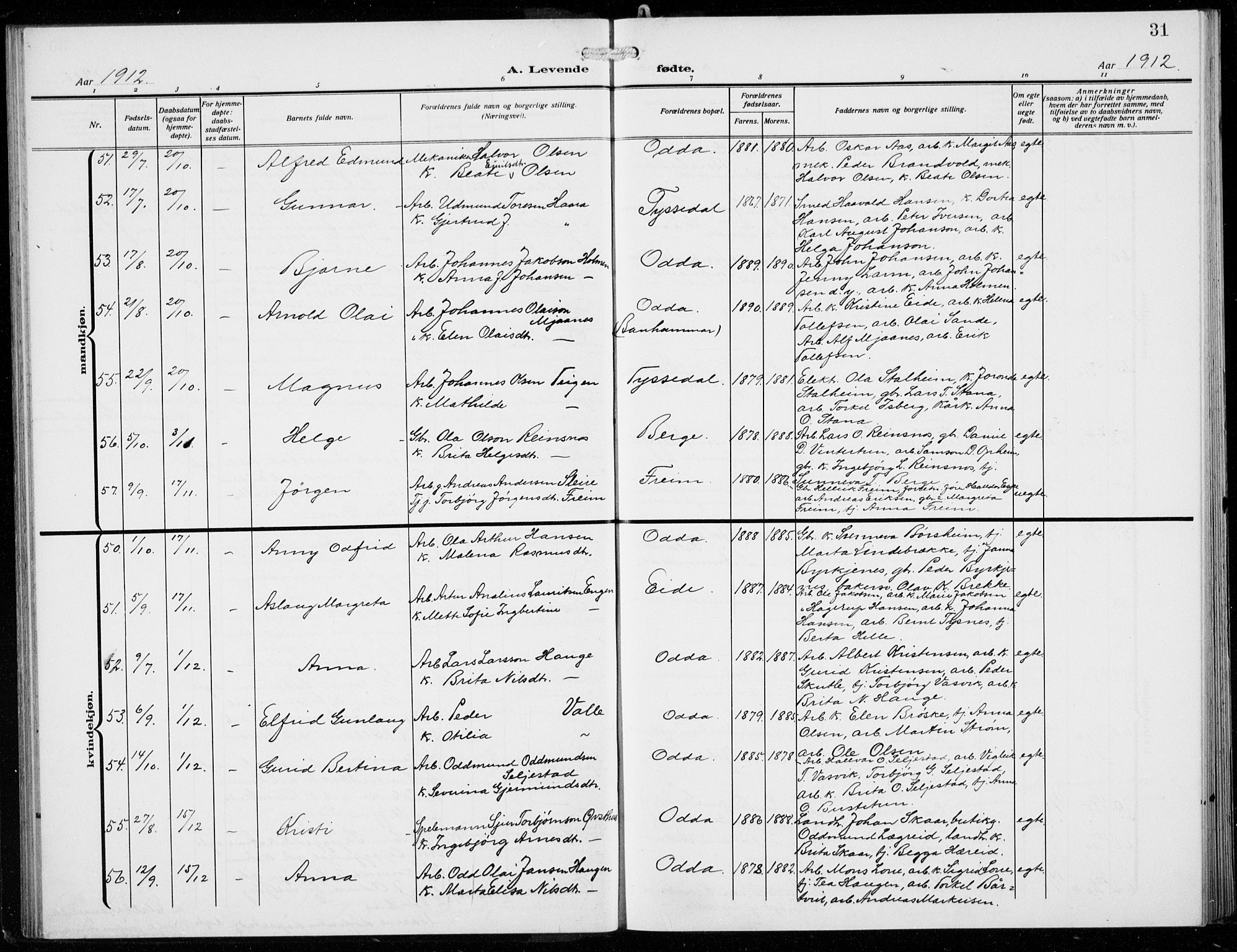 Odda Sokneprestembete, SAB/A-77201/H/Hab: Parish register (copy) no. B  2, 1910-1923, p. 31