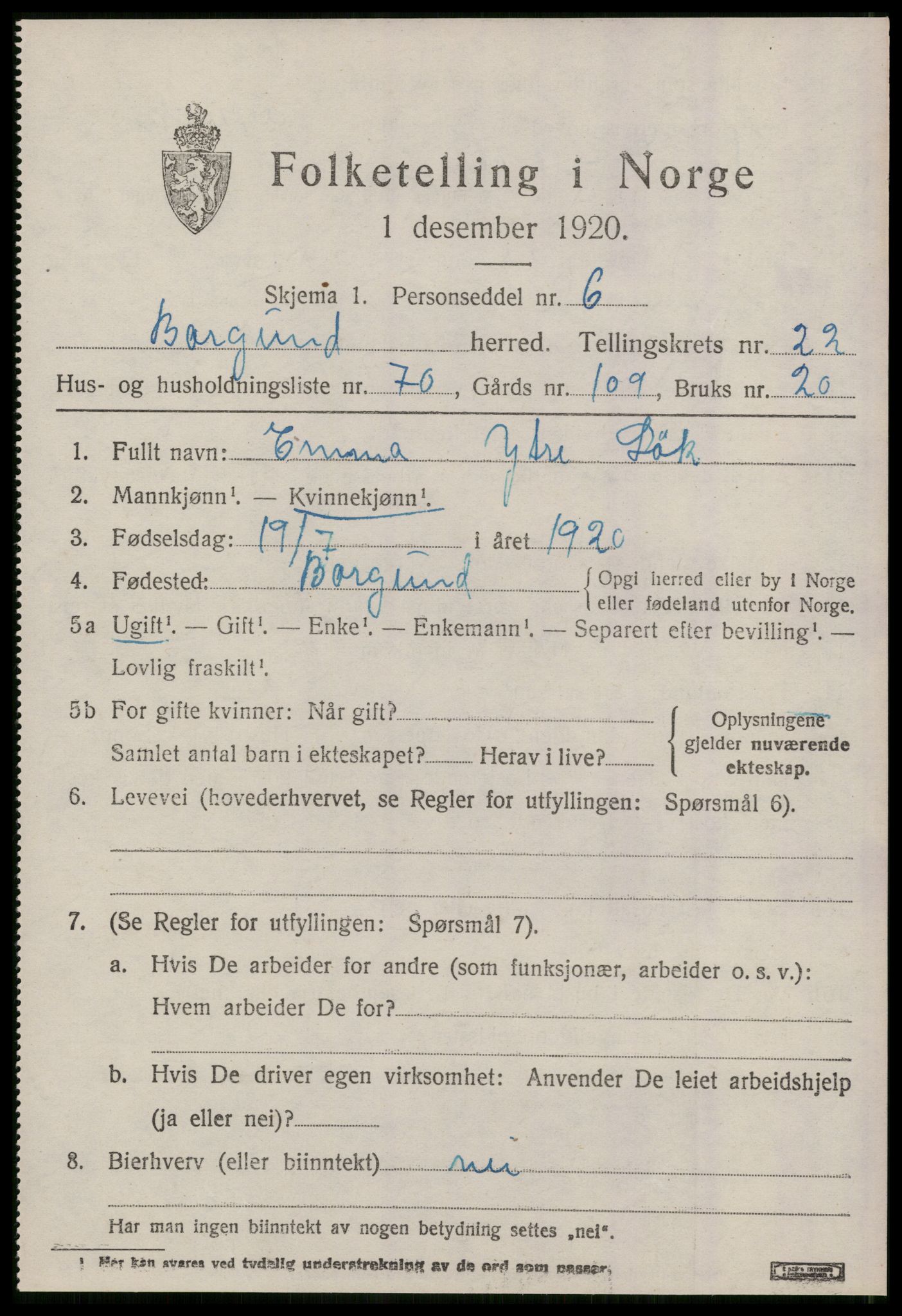 SAT, 1920 census for Borgund, 1920, p. 16324