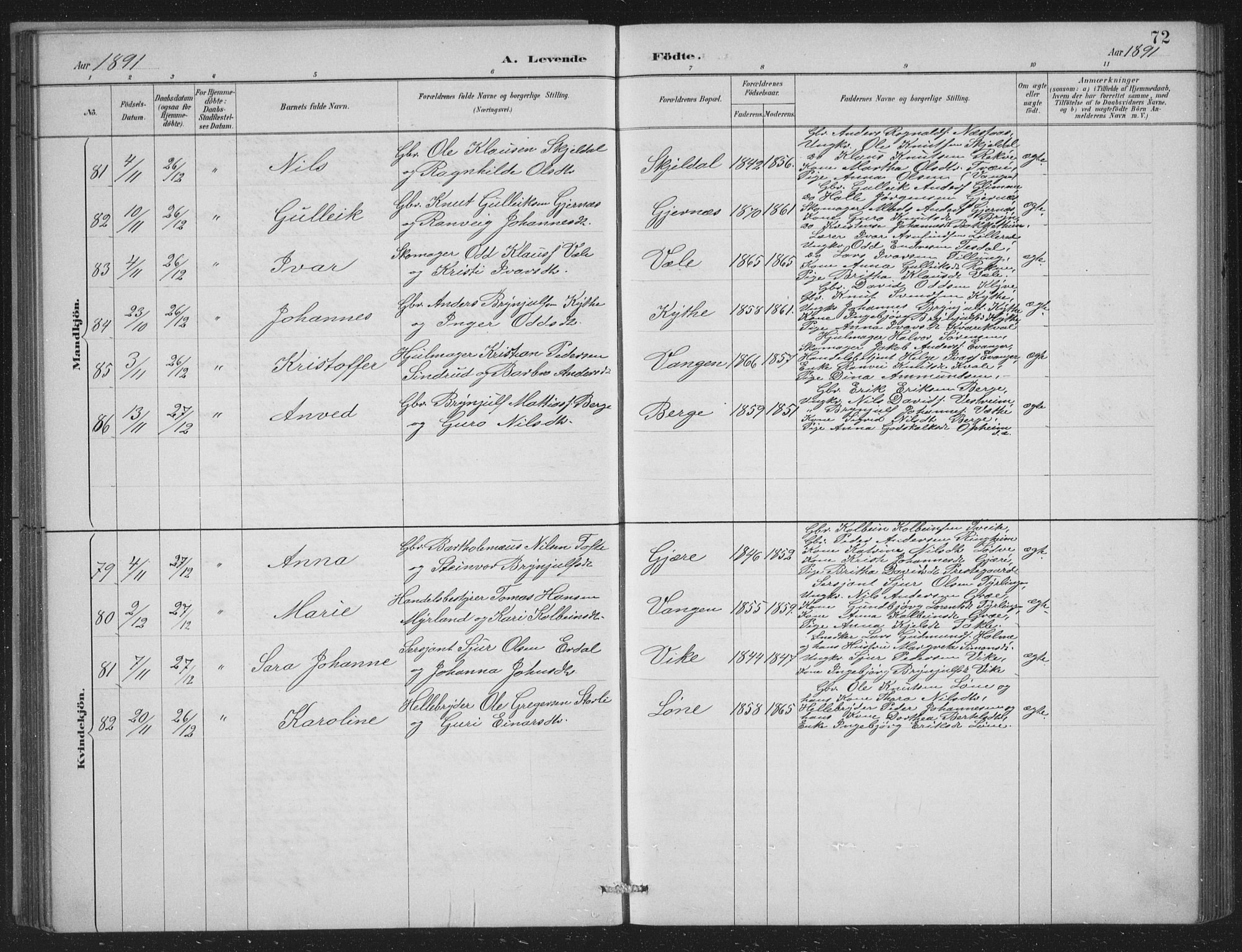 Voss sokneprestembete, AV/SAB-A-79001/H/Hab: Parish register (copy) no. C 1, 1886-1899, p. 72