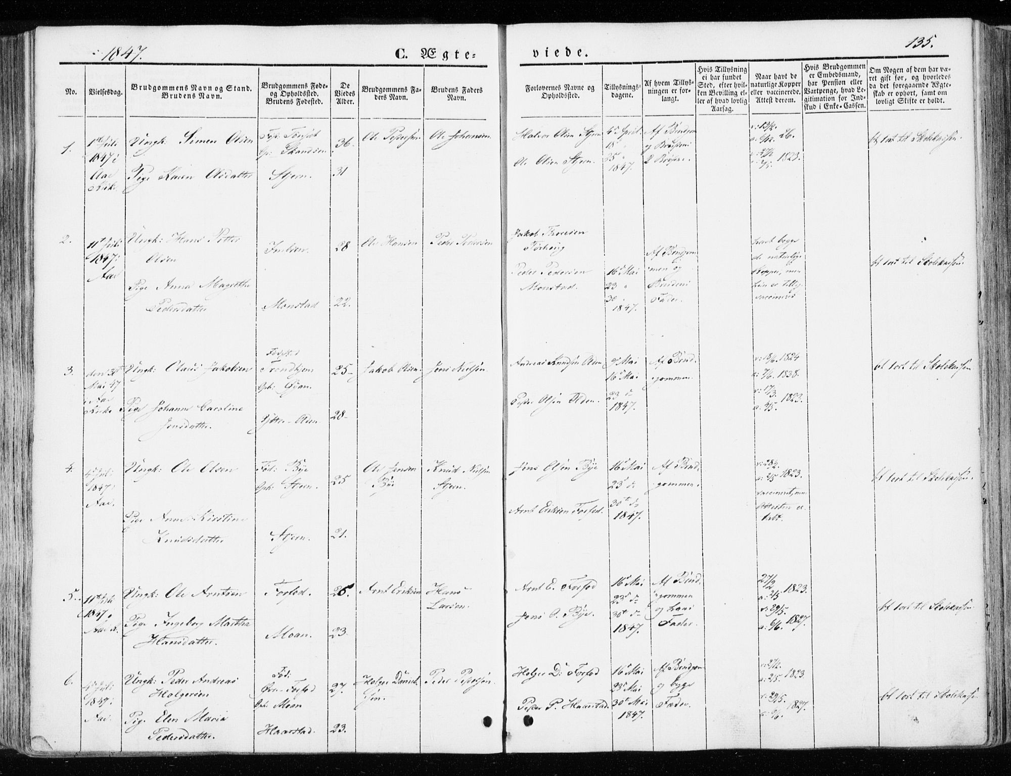 Ministerialprotokoller, klokkerbøker og fødselsregistre - Sør-Trøndelag, SAT/A-1456/655/L0677: Parish register (official) no. 655A06, 1847-1860, p. 135