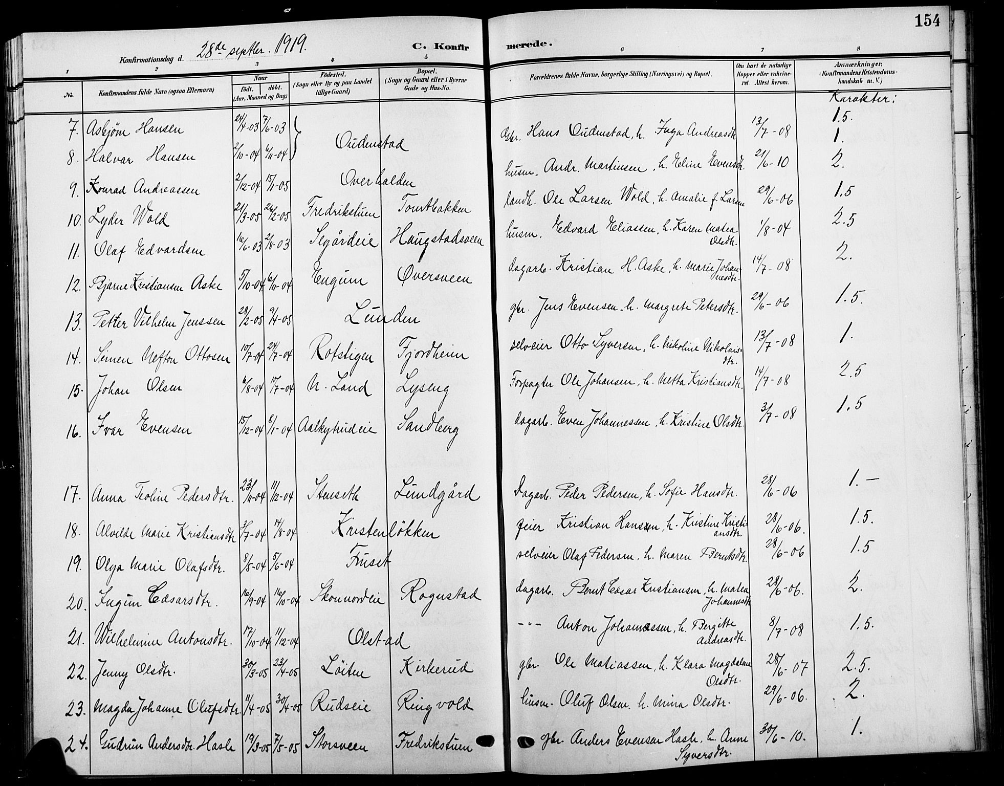 Biri prestekontor, AV/SAH-PREST-096/H/Ha/Hab/L0005: Parish register (copy) no. 5, 1906-1919, p. 154