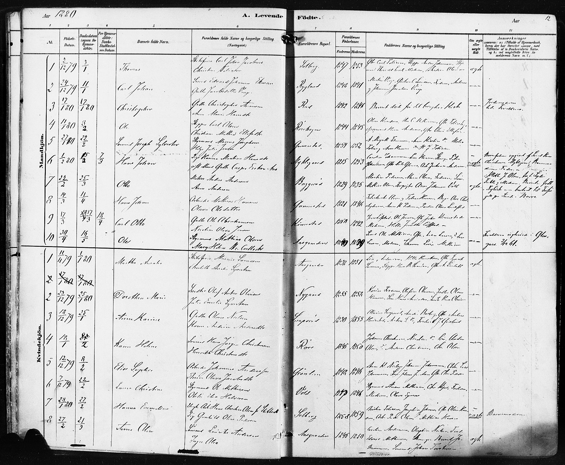 Borre kirkebøker, AV/SAKO-A-338/F/Fa/L0009: Parish register (official) no. I 9, 1878-1896, p. 12