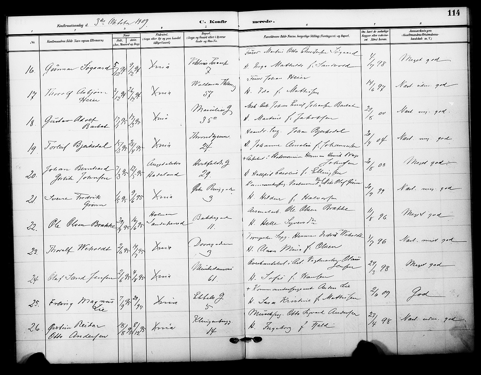 Garnisonsmenigheten Kirkebøker, AV/SAO-A-10846/F/Fa/L0014: Parish register (official) no. 14, 1905-1914, p. 114