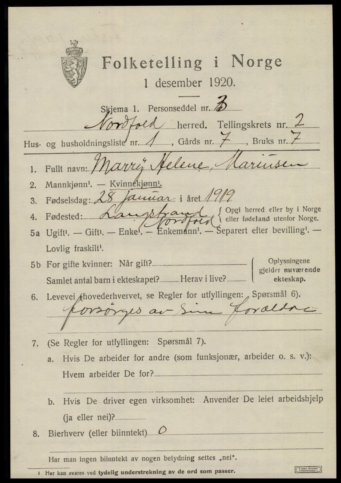 SAT, 1920 census for Nordfold, 1920, p. 1091