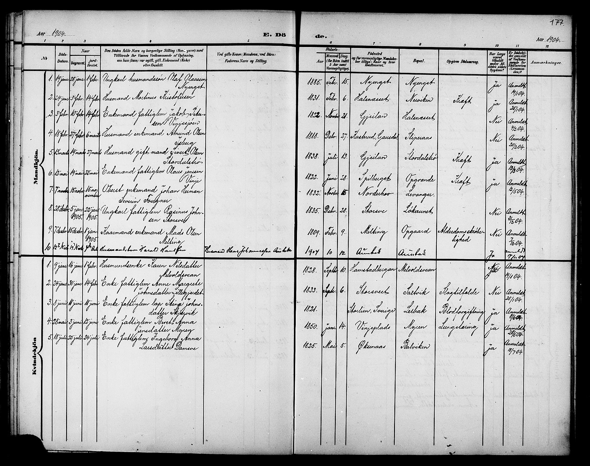 Ministerialprotokoller, klokkerbøker og fødselsregistre - Nord-Trøndelag, AV/SAT-A-1458/733/L0327: Parish register (copy) no. 733C02, 1888-1918, p. 177