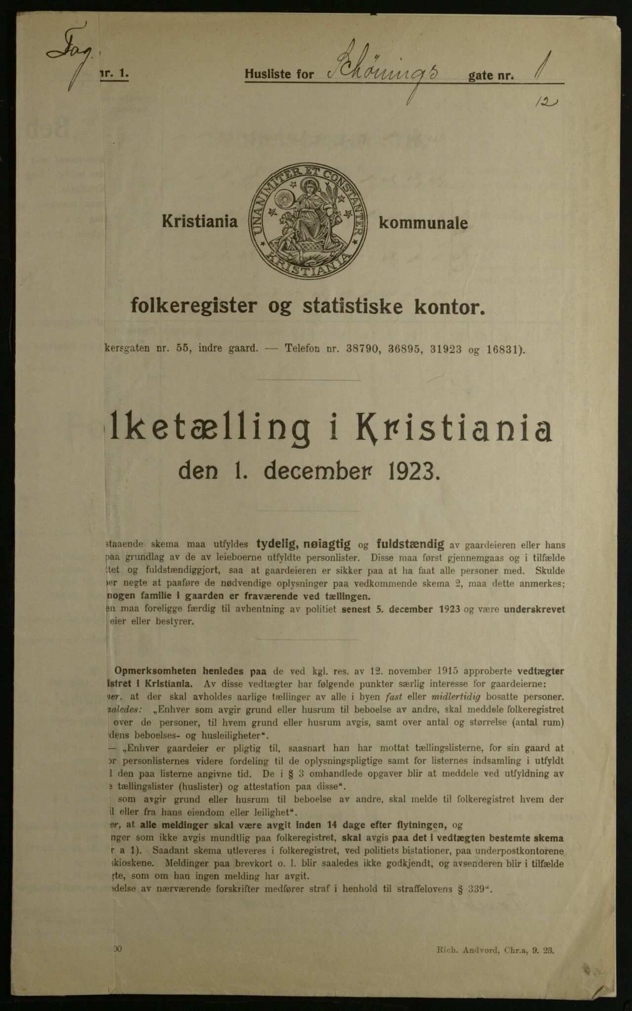 OBA, Municipal Census 1923 for Kristiania, 1923, p. 103420