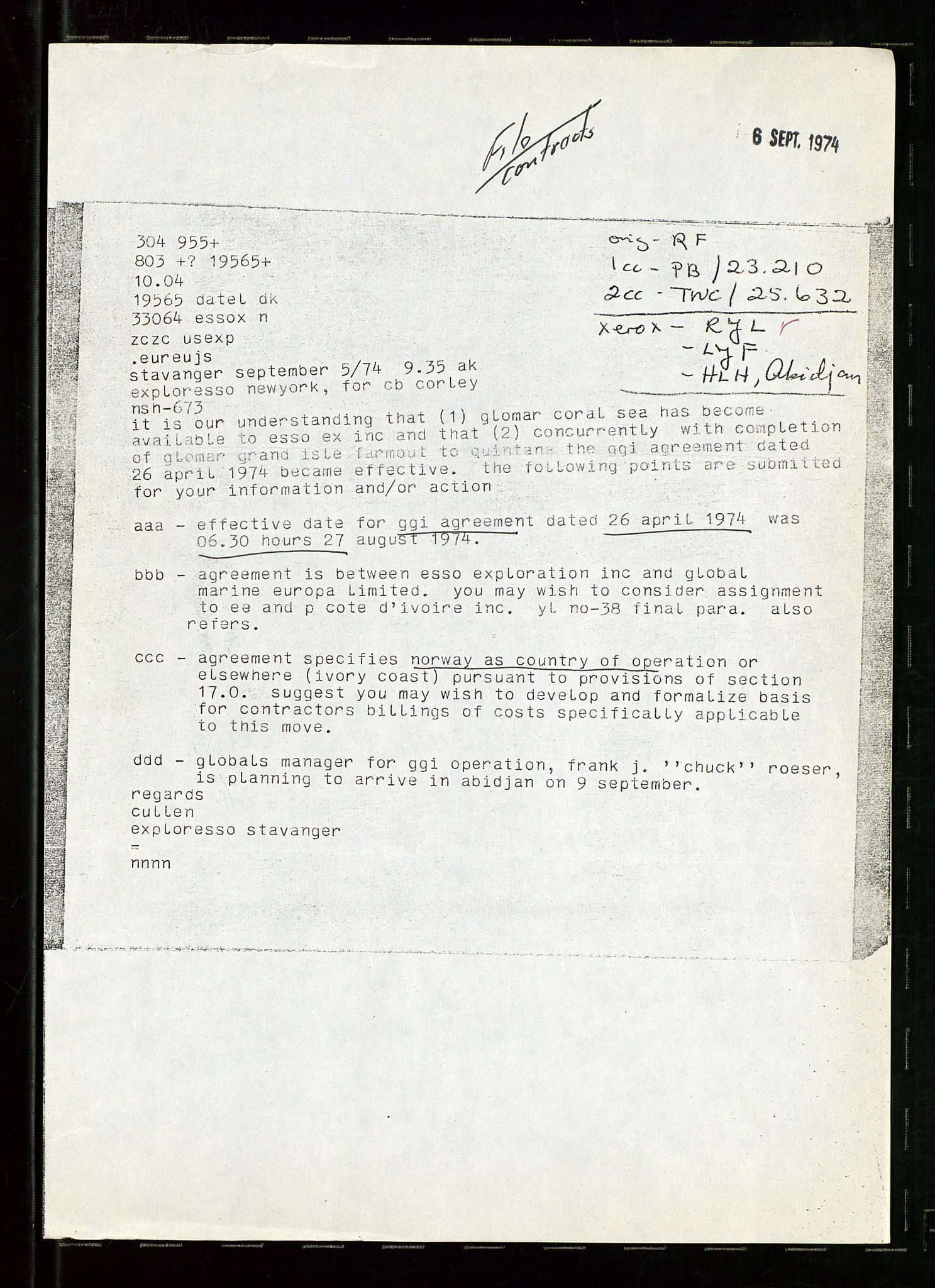 Pa 1512 - Esso Exploration and Production Norway Inc., AV/SAST-A-101917/E/Ea/L0020: Kontrakter og avtaler, 1966-1974, p. 3