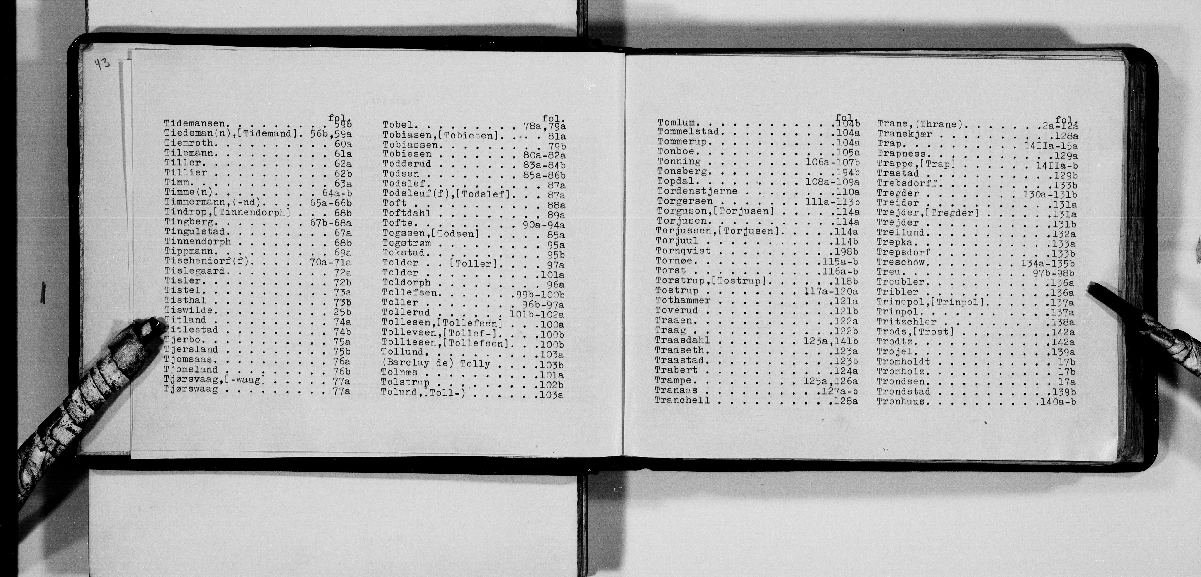 Lassens samlinger, AV/RA-PA-0051/F/Fa/L0044: Personalhistoriske og genealogiske opptegnelser: Thrageton - Tøttrup, 1500-1907