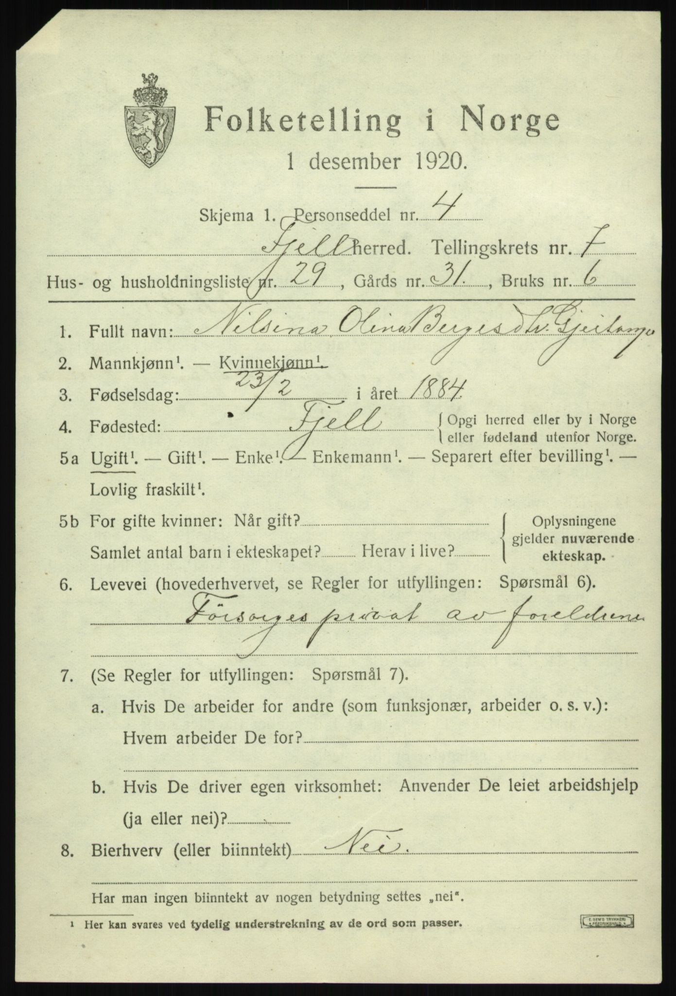 SAB, 1920 census for Fjell, 1920, p. 6780