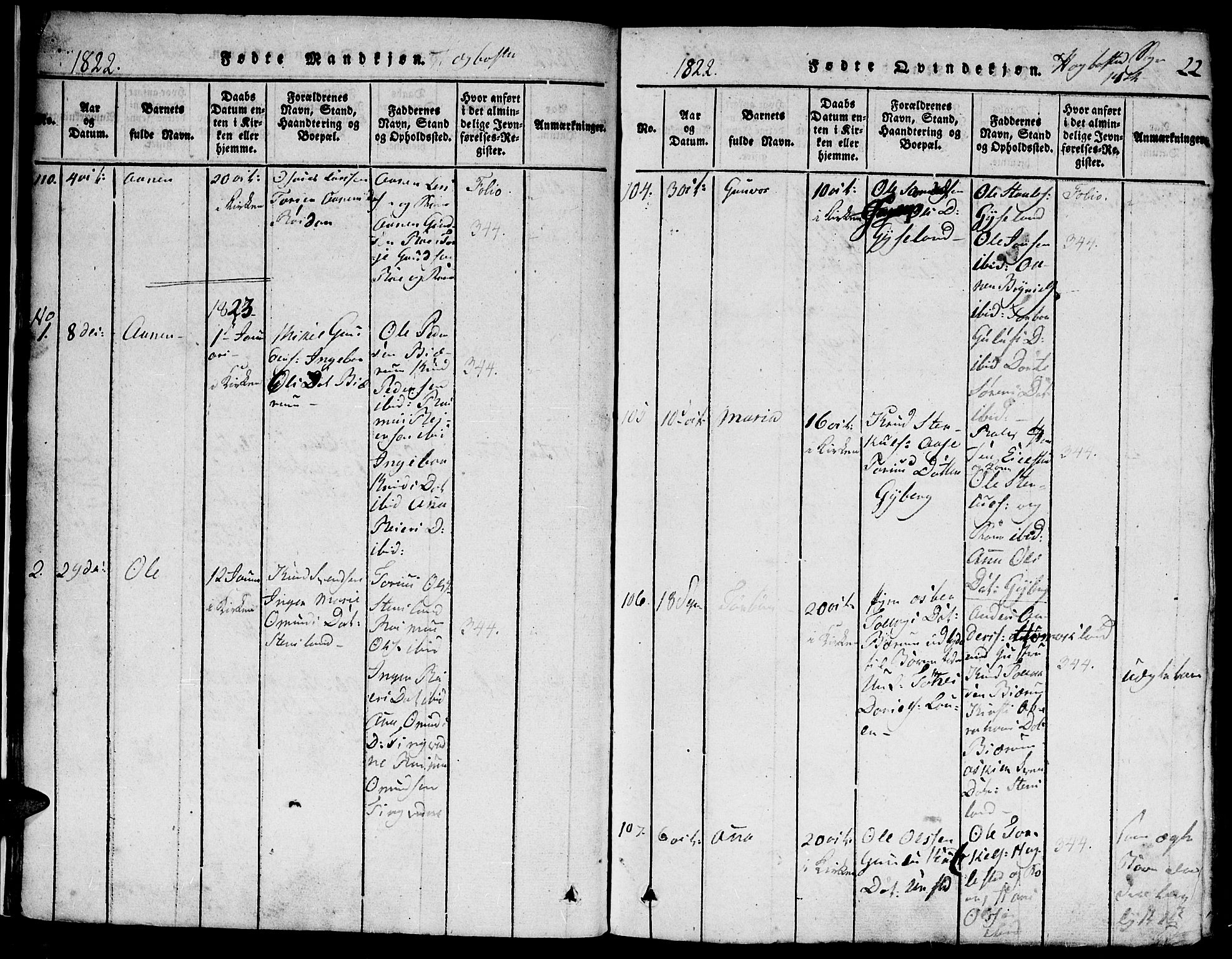 Hægebostad sokneprestkontor, SAK/1111-0024/F/Fa/Faa/L0002: Parish register (official) no. A 2 /1, 1816-1825, p. 22