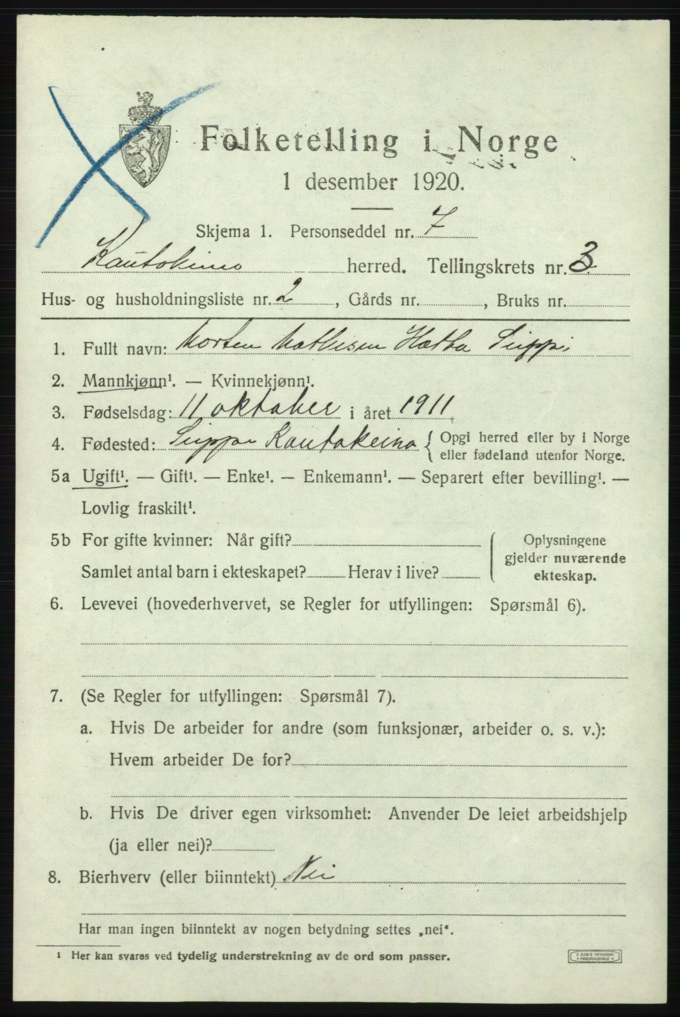 SATØ, 1920 census for Kautokeino, 1920, p. 1437